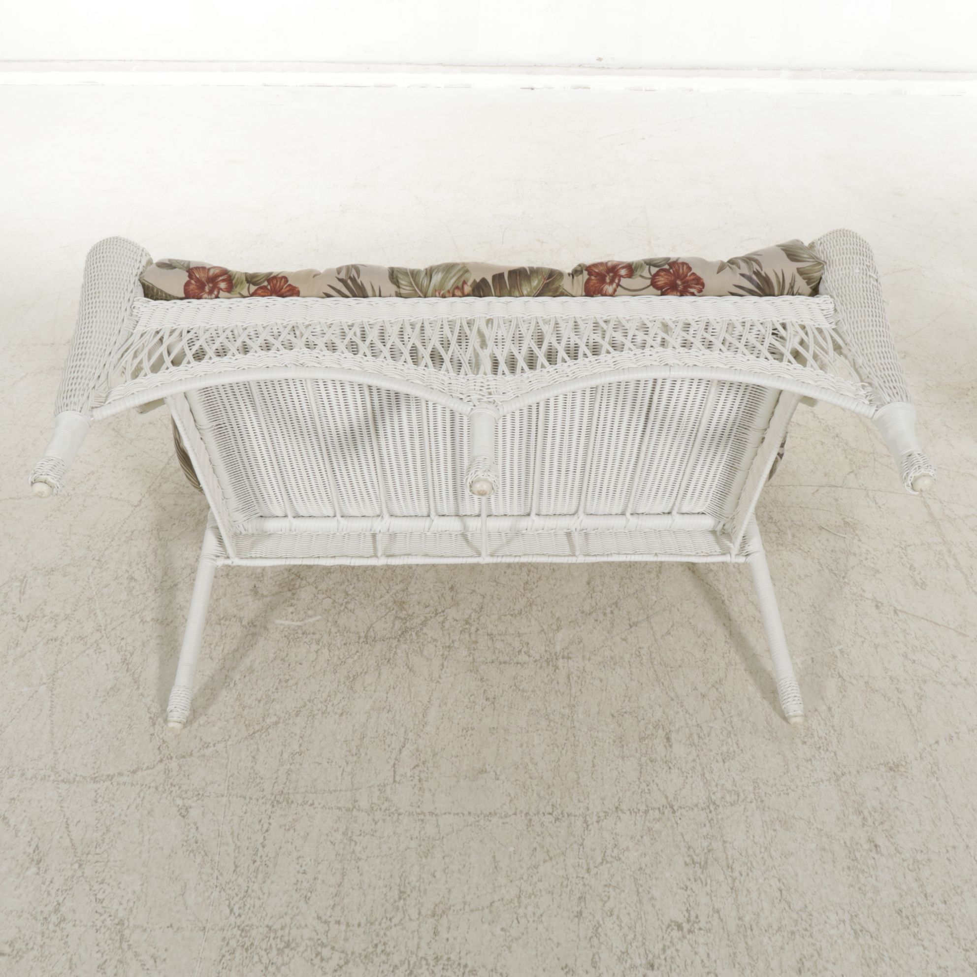 White Faux Rattan Wicker Patio Loveseat, Rocking Chair, and Side Table