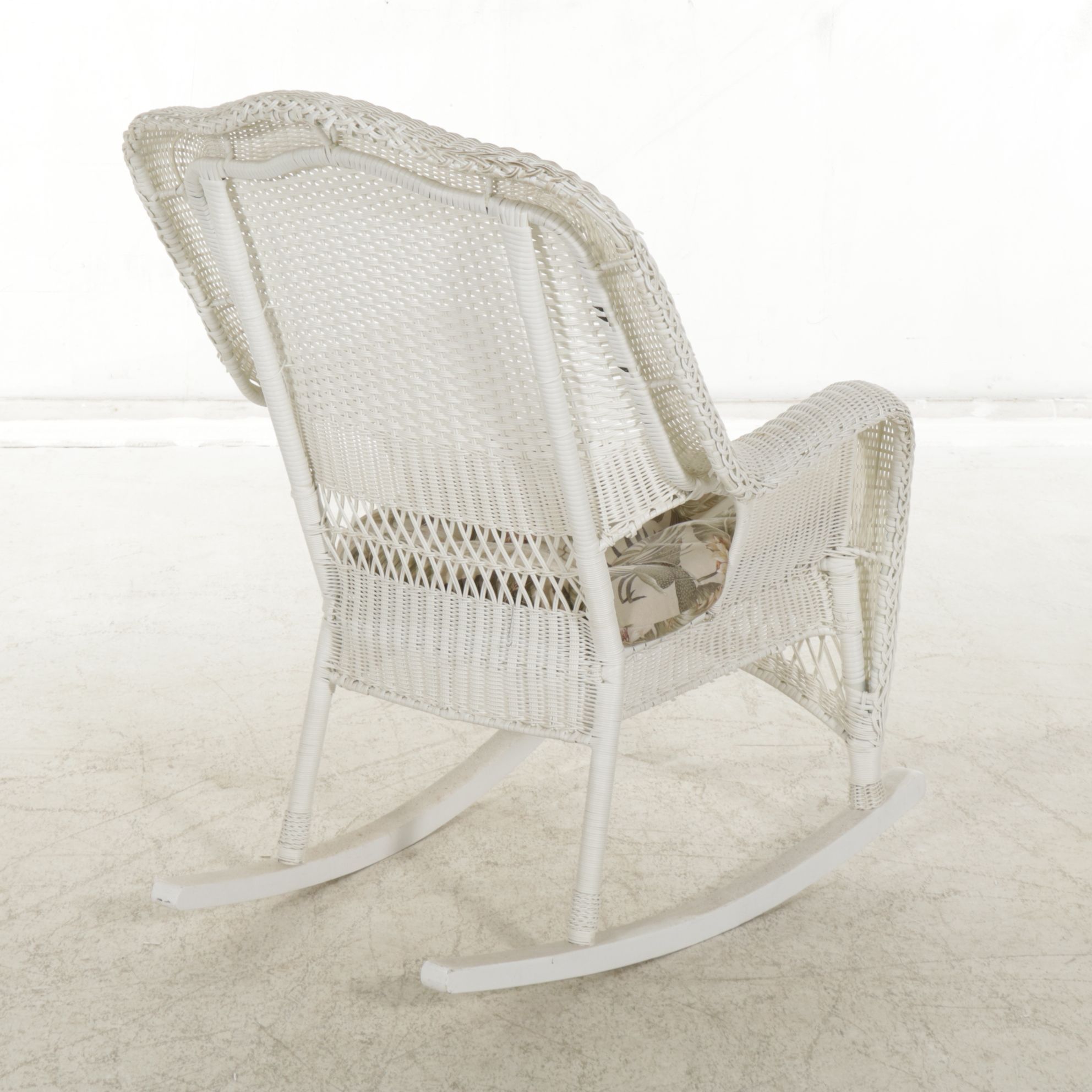 White Faux Rattan Wicker Patio Loveseat, Rocking Chair, and Side Table