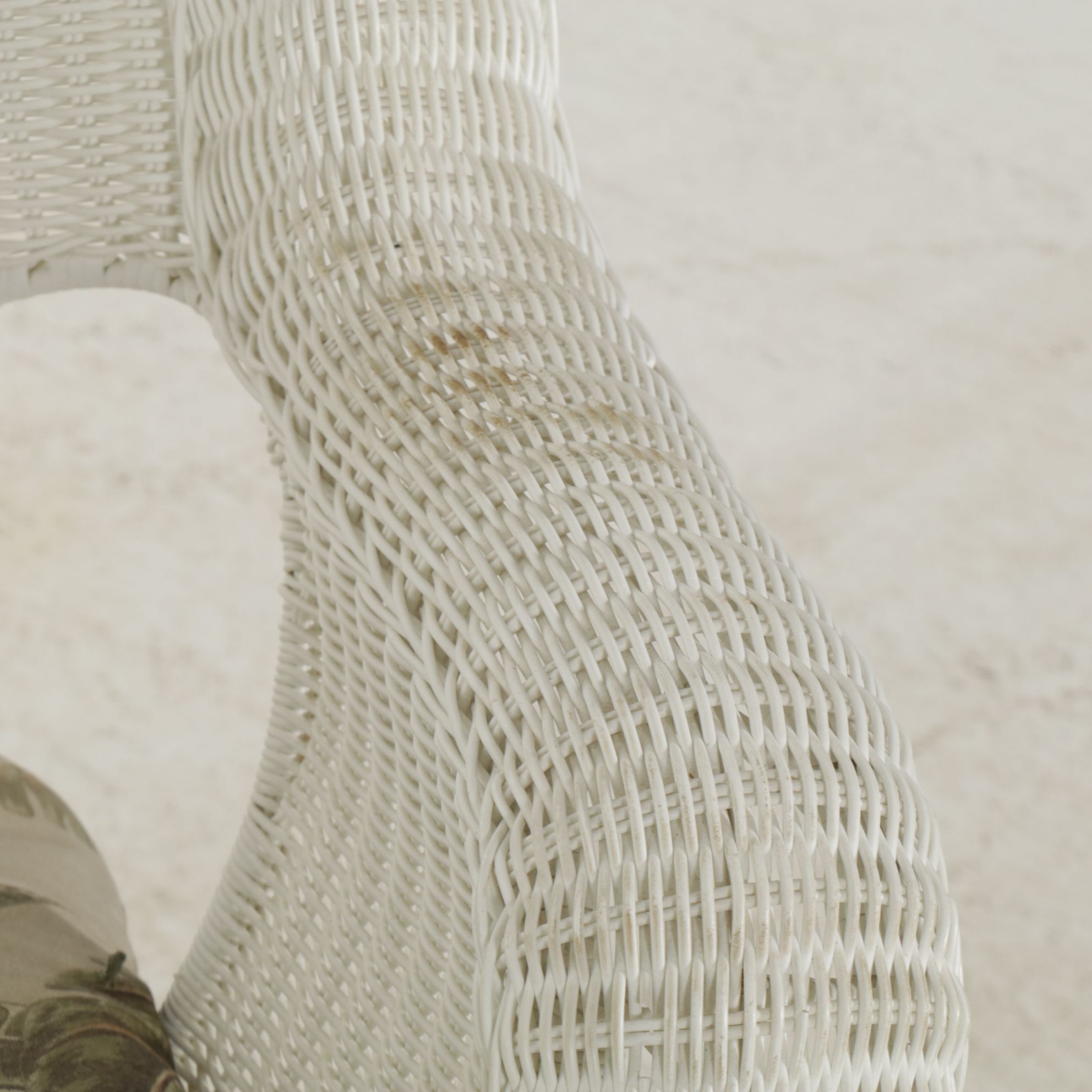 White Faux Rattan Wicker Patio Loveseat, Rocking Chair, and Side Table