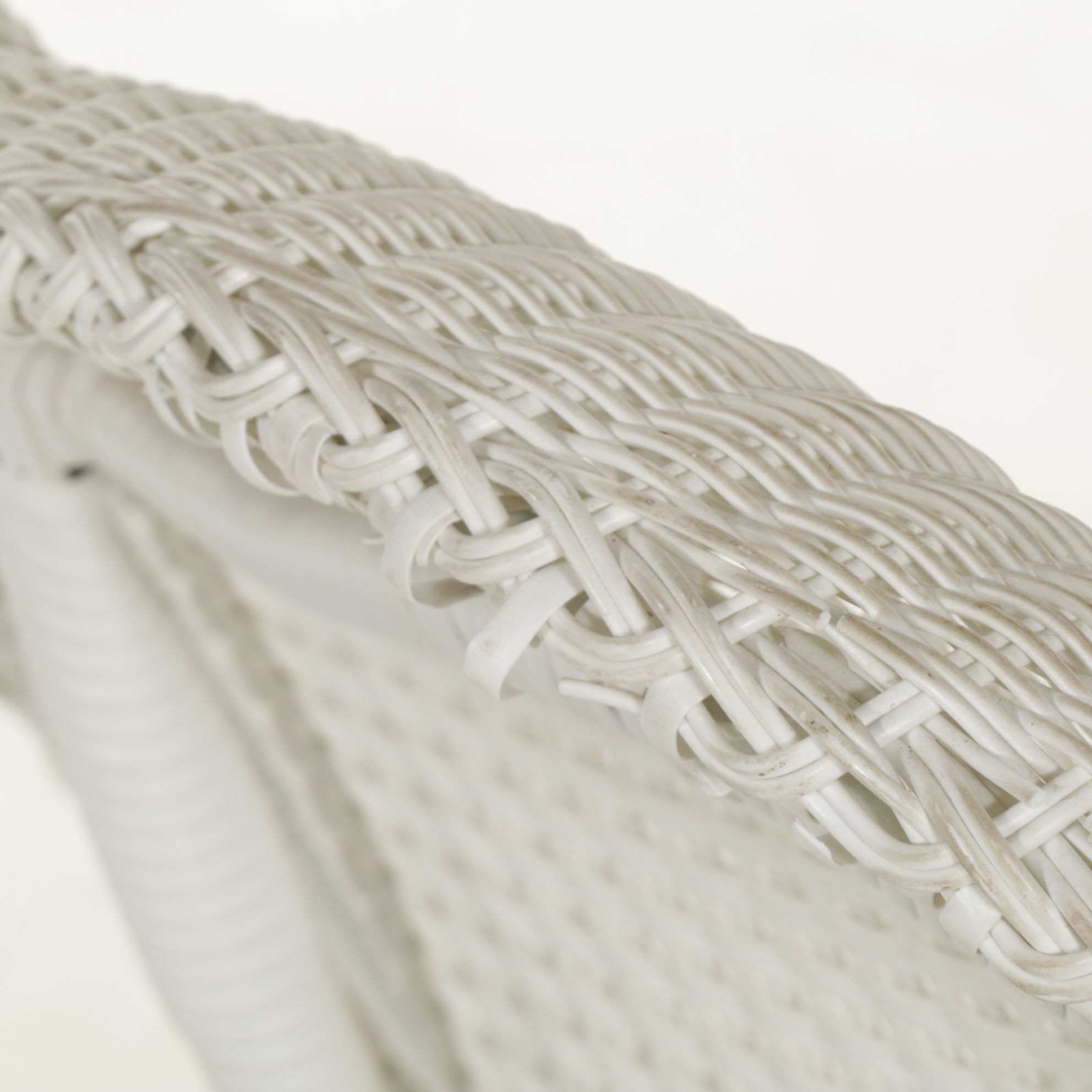 White Faux Rattan Wicker Patio Loveseat, Rocking Chair, and Side Table