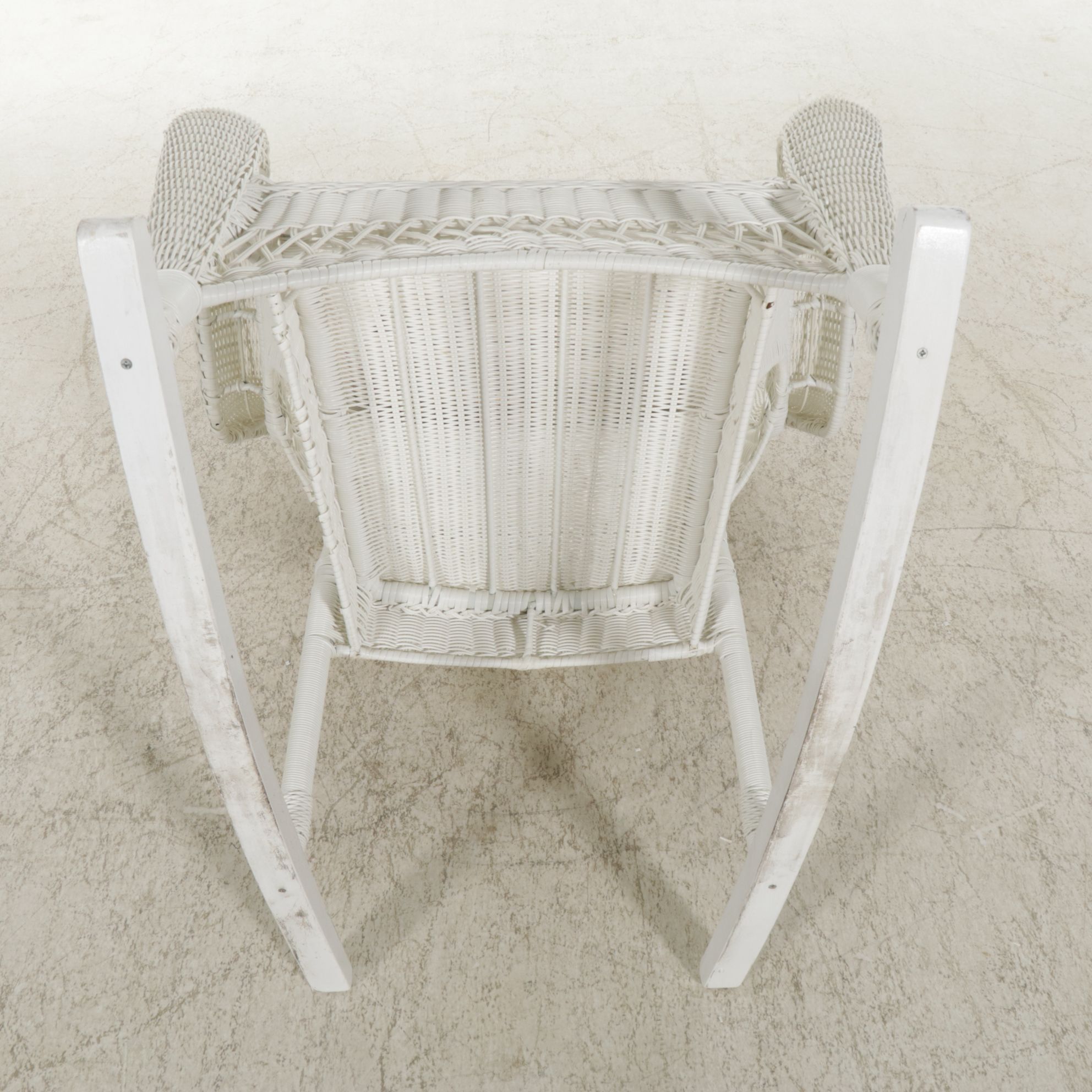 White Faux Rattan Wicker Patio Loveseat, Rocking Chair, and Side Table