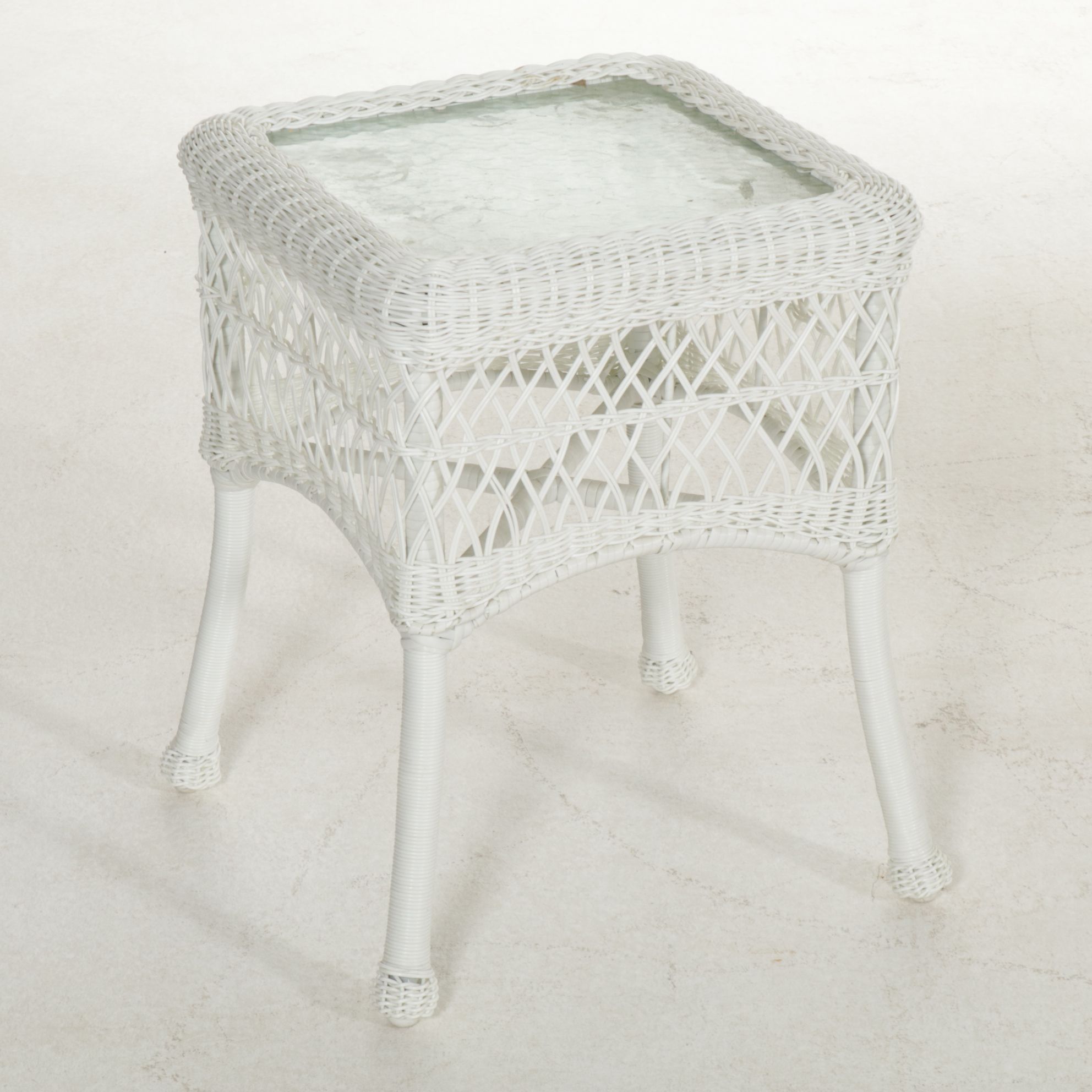 White Faux Rattan Wicker Patio Loveseat, Rocking Chair, and Side Table