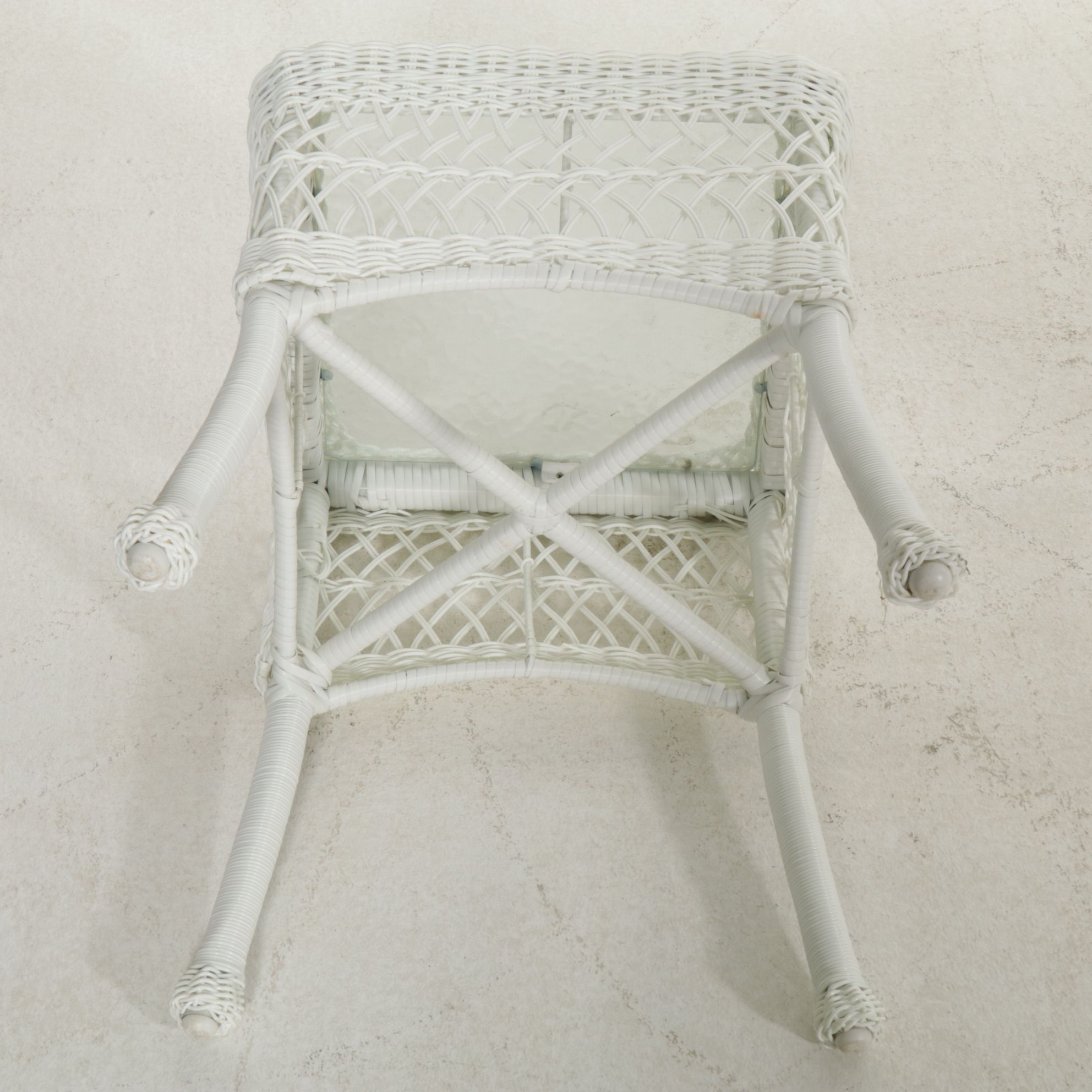 White Faux Rattan Wicker Patio Loveseat, Rocking Chair, and Side Table