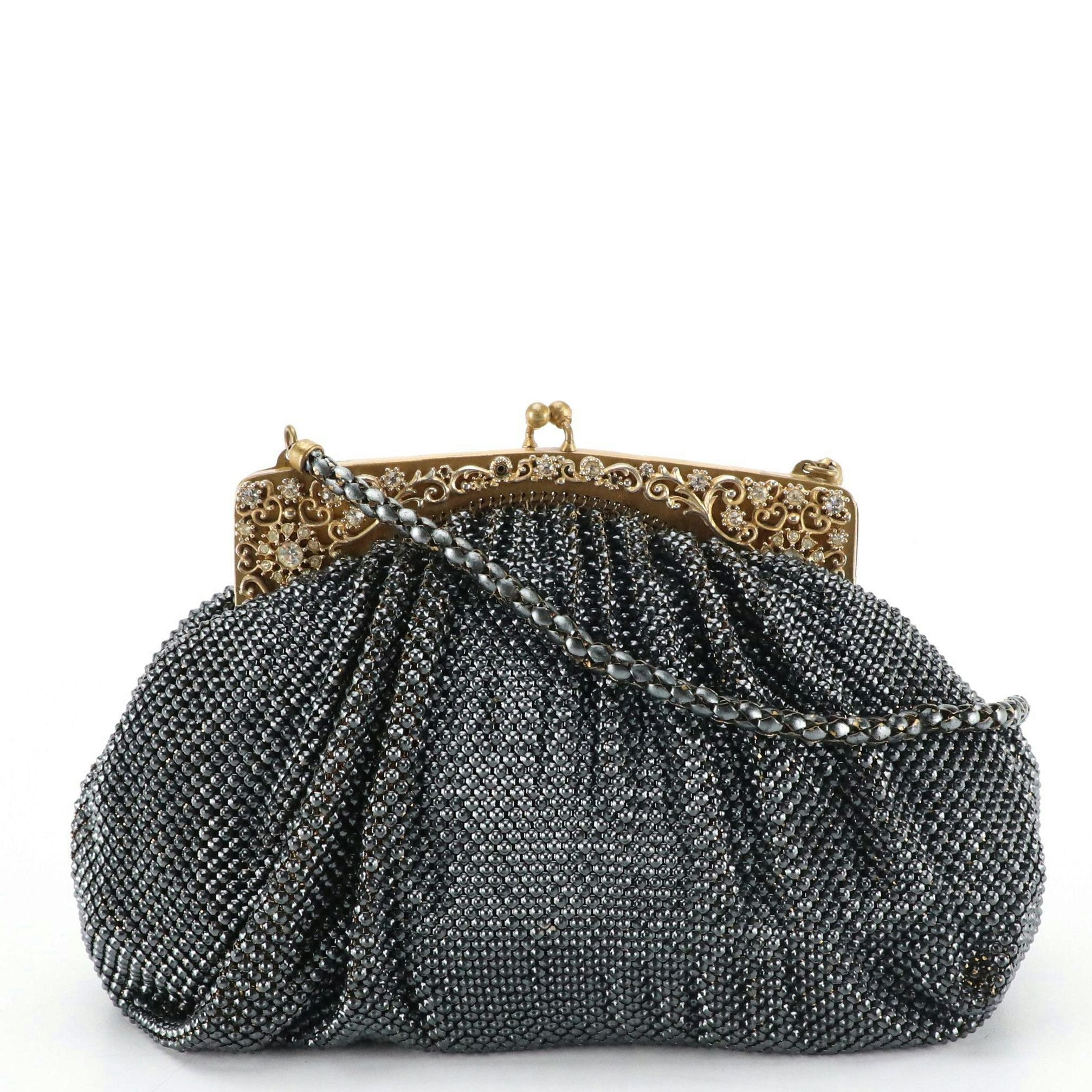 Whiting & Davis Navy Blue Beaded Embellished Frame Evening Bag, Circa 1940s
