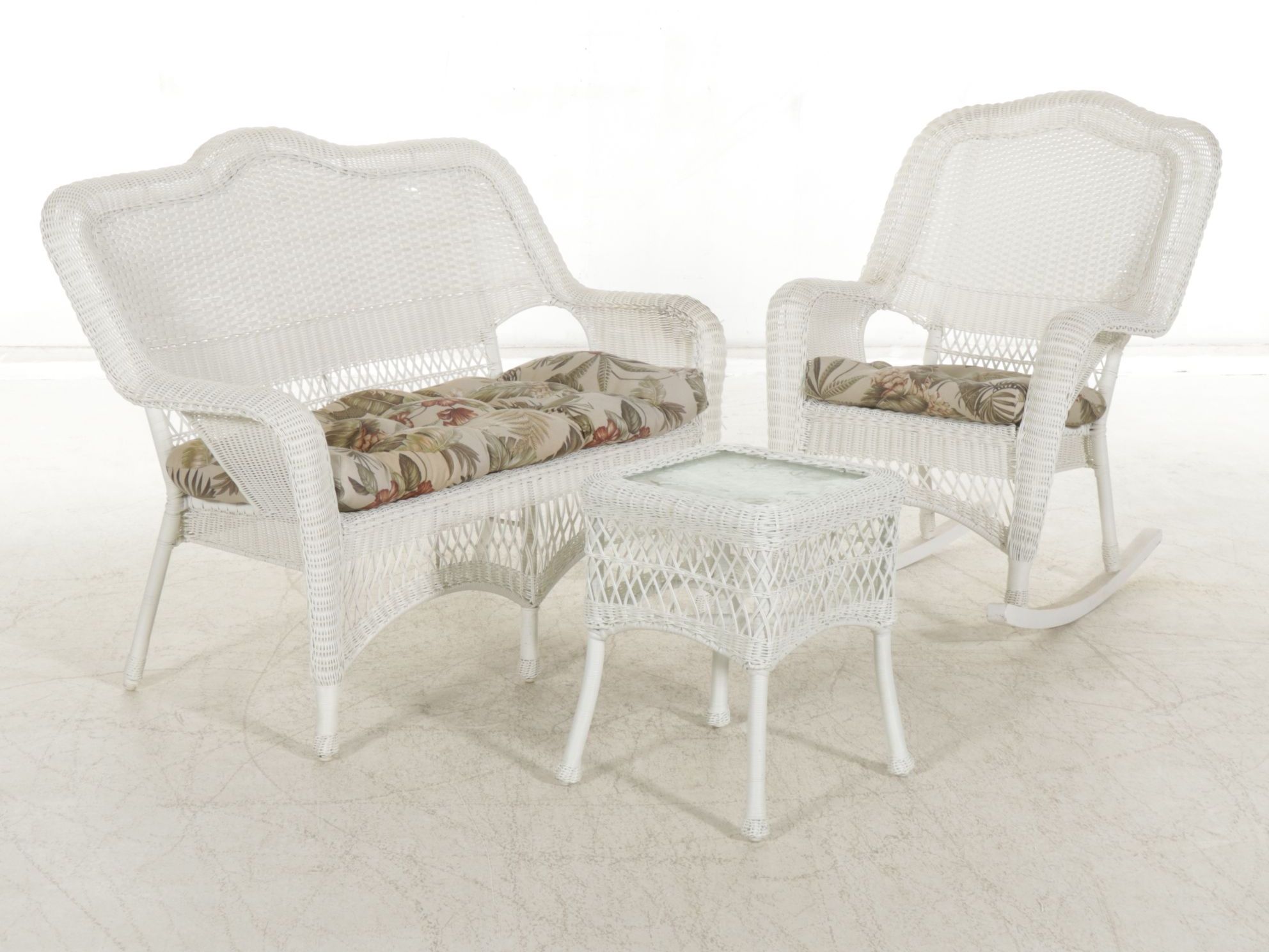 White Faux Rattan Wicker Patio Loveseat, Rocking Chair, and Side Table
