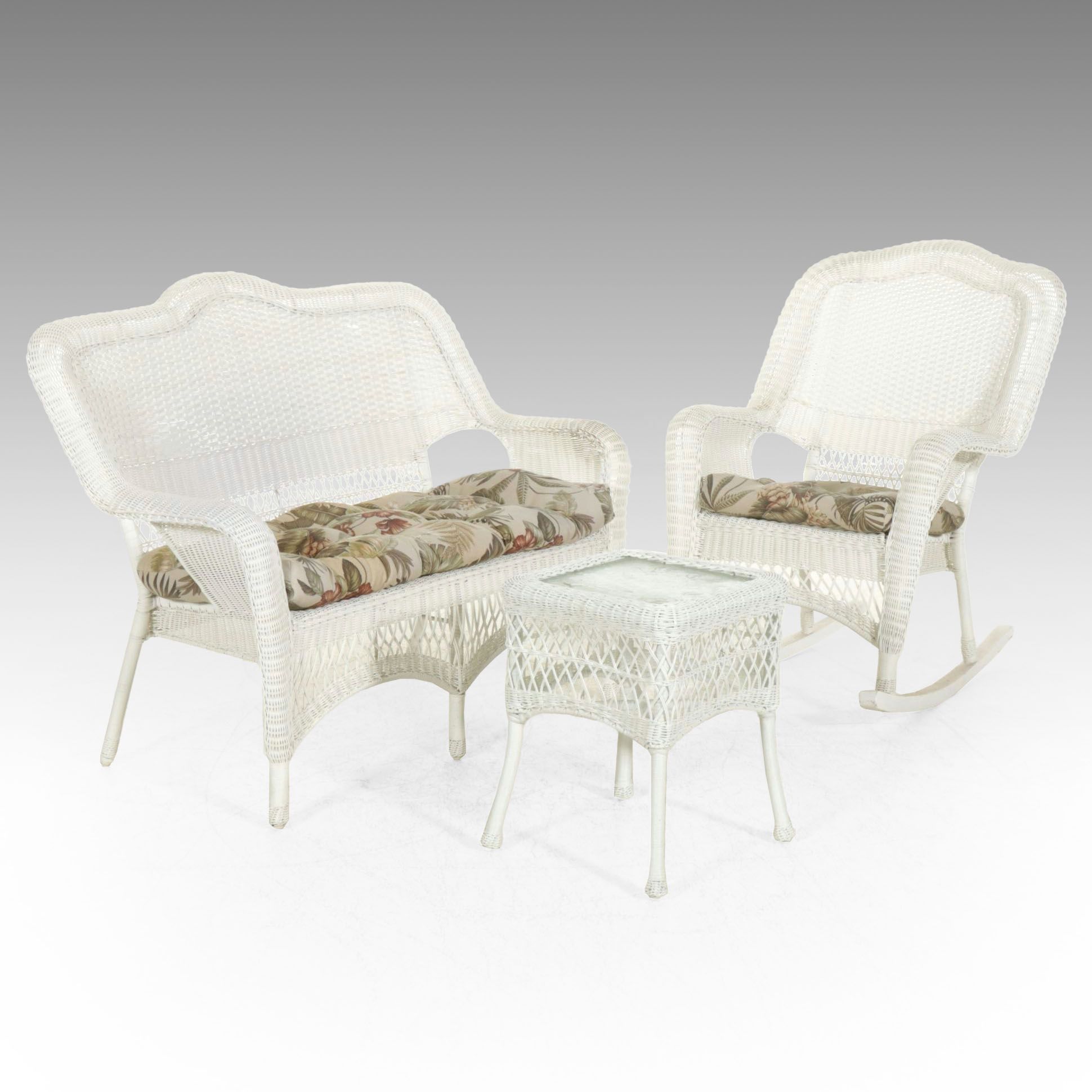 White Faux Rattan Wicker Patio Loveseat, Rocking Chair, and Side Table