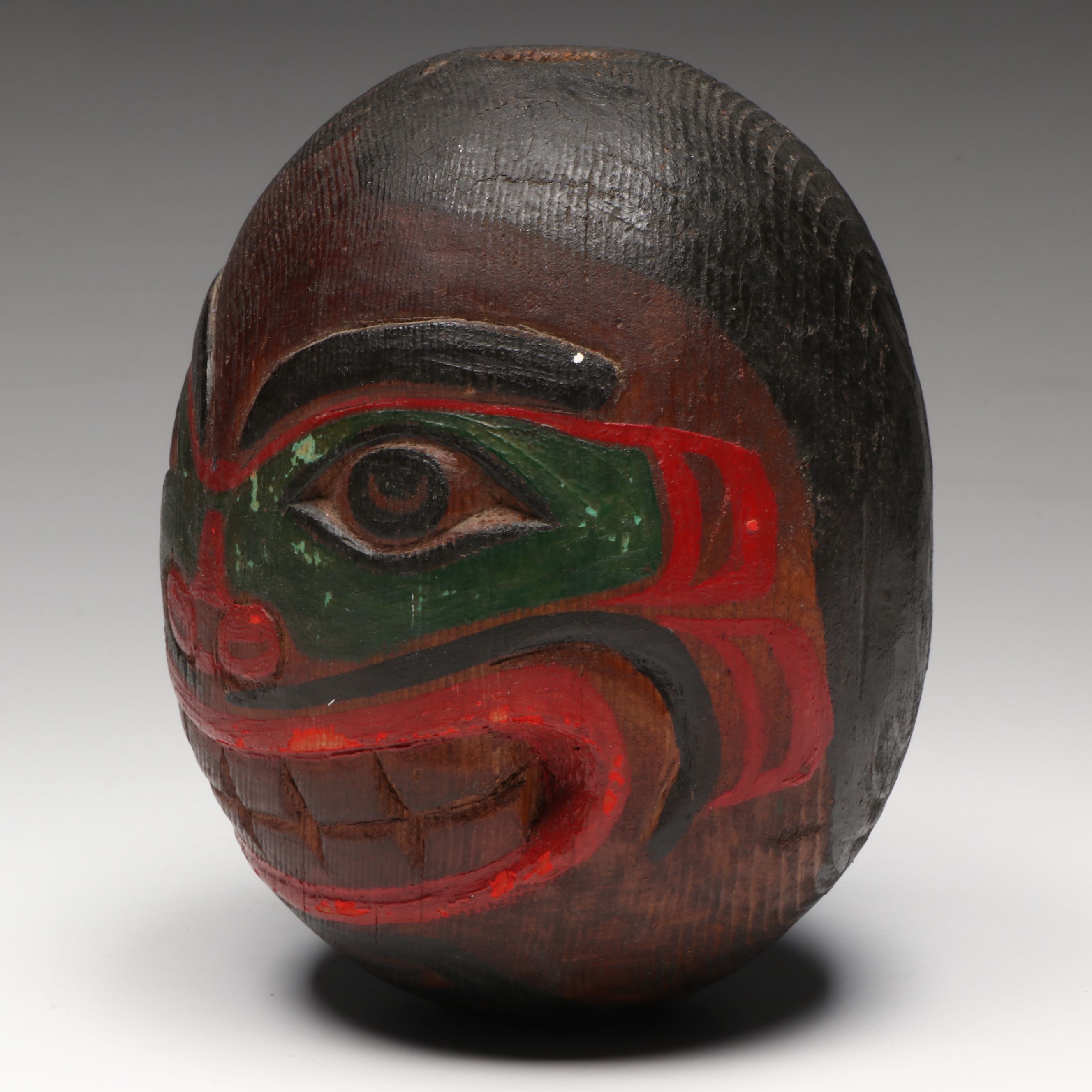 Antique Northwest Coast Tlingit or or Haida Polychrome Carved Wood Head