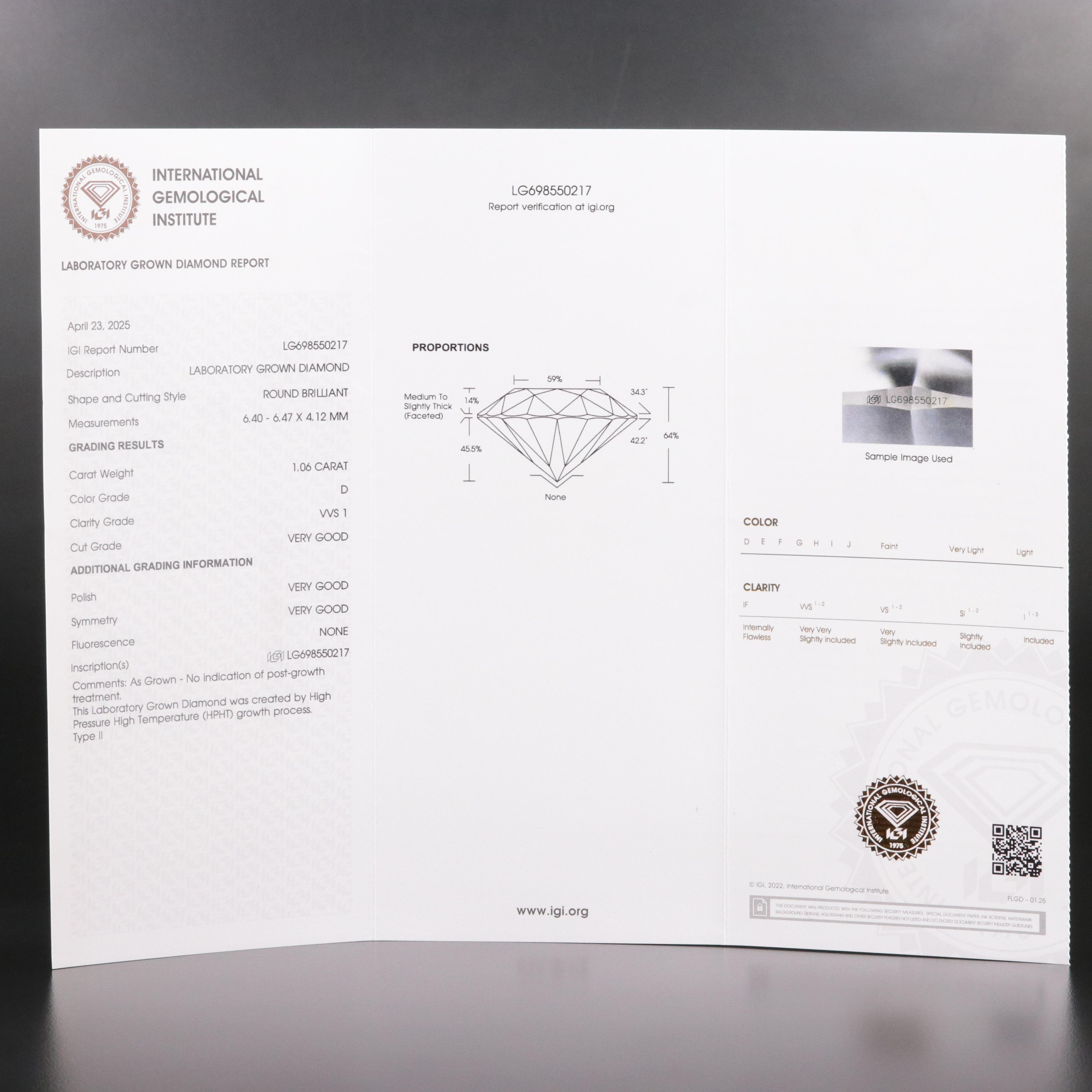 Loose 1.06 CT Lab Grown Diamond with IGI Report