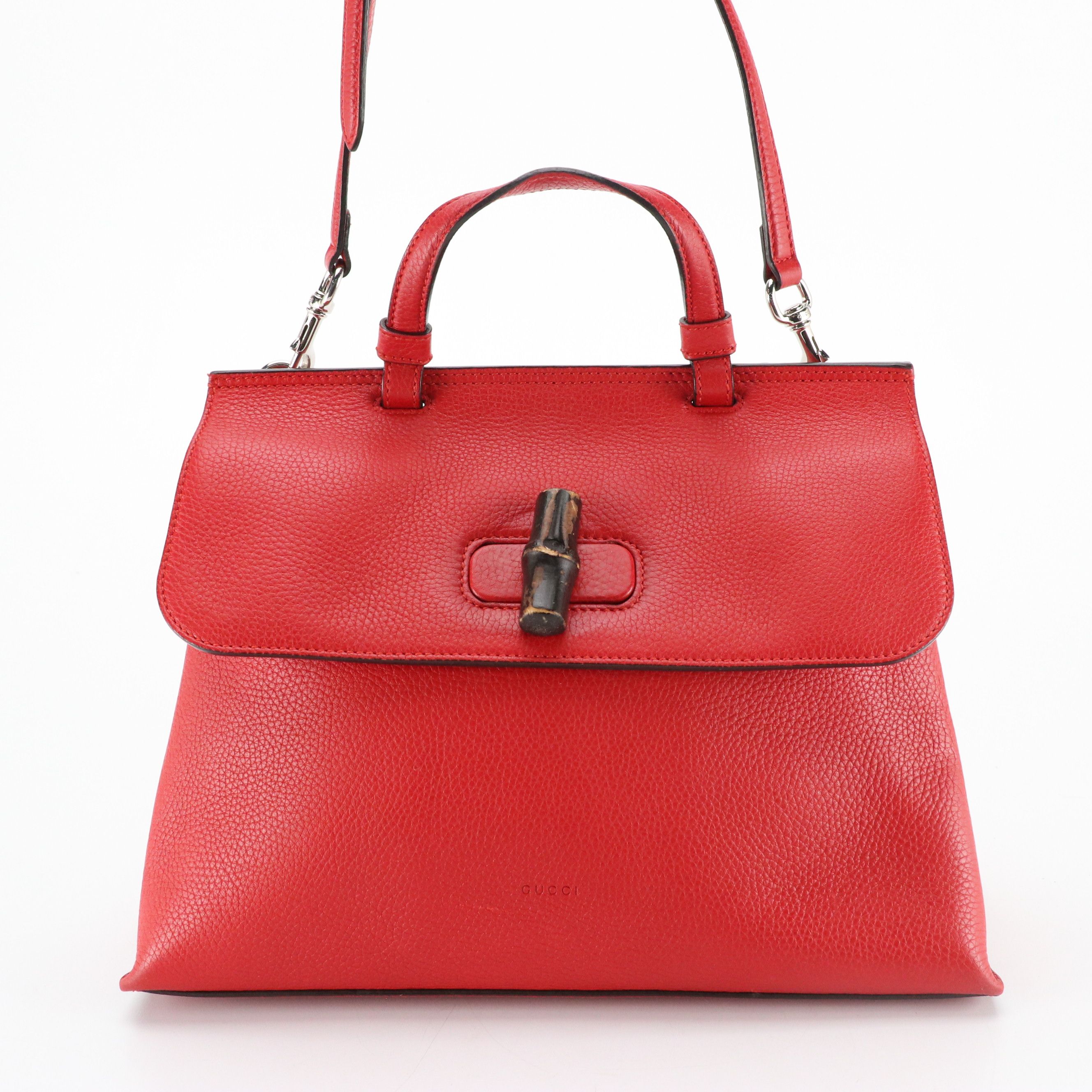 Gucci Bamboo Turnlock Two-Way Shoulder Bag in Red Grained Calfskin Leather