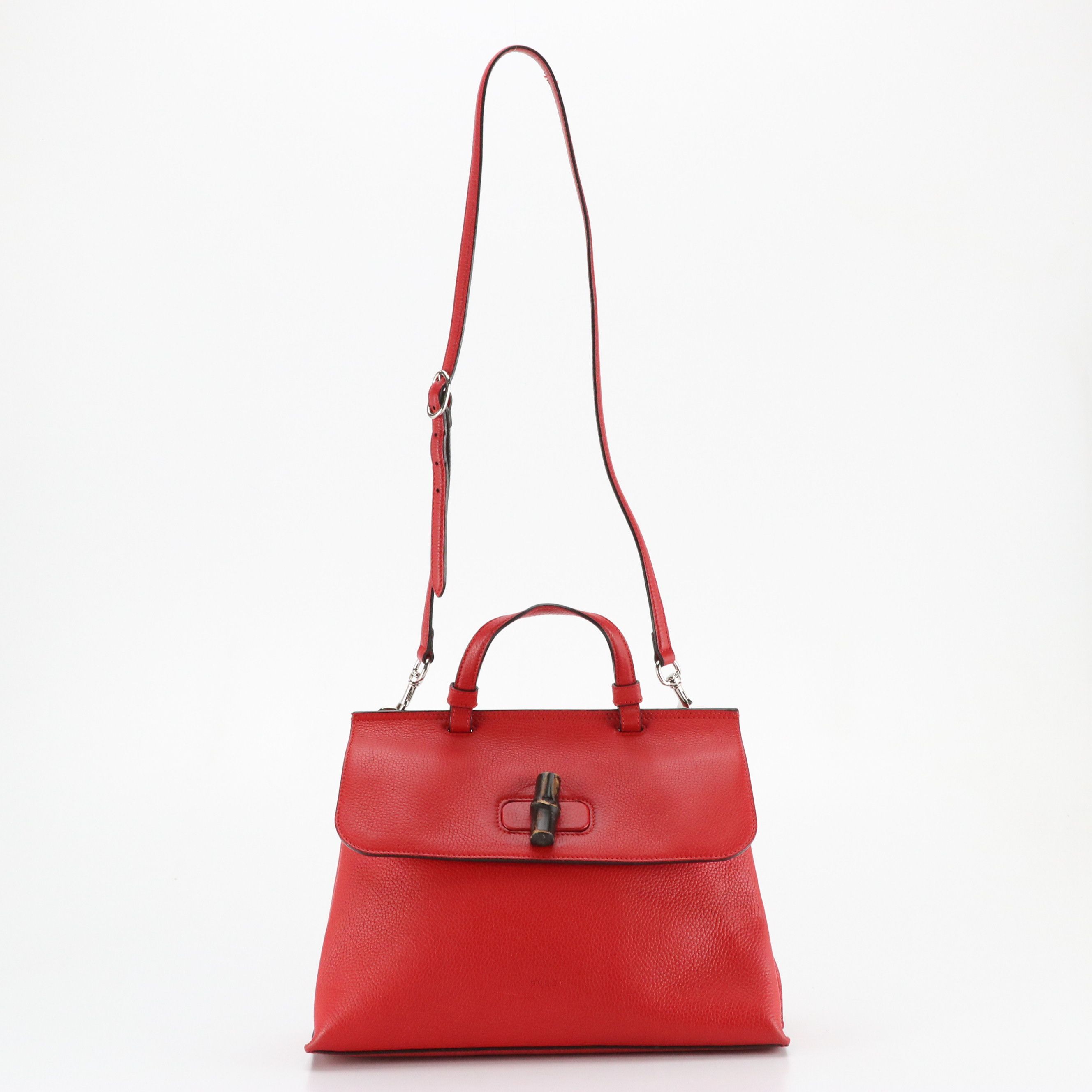 Gucci Bamboo Turnlock Two-Way Shoulder Bag in Red Grained Calfskin Leather