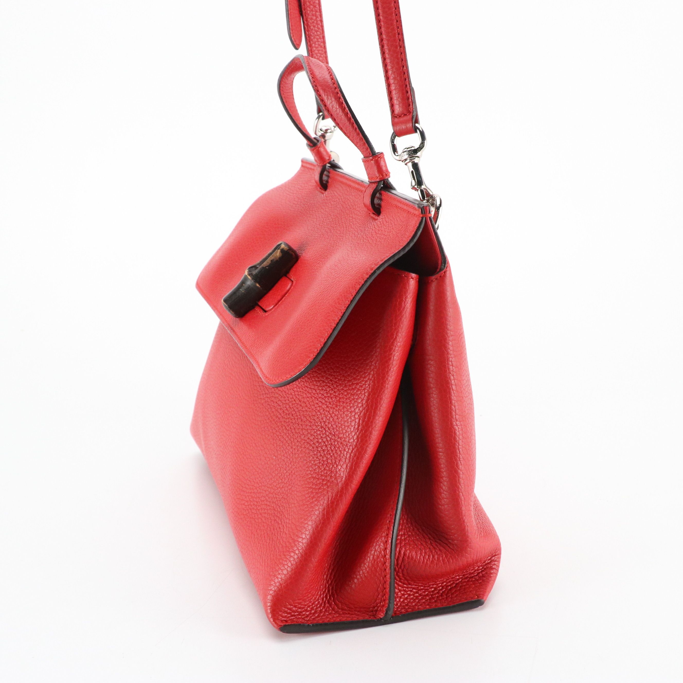 Gucci Bamboo Turnlock Two-Way Shoulder Bag in Red Grained Calfskin Leather