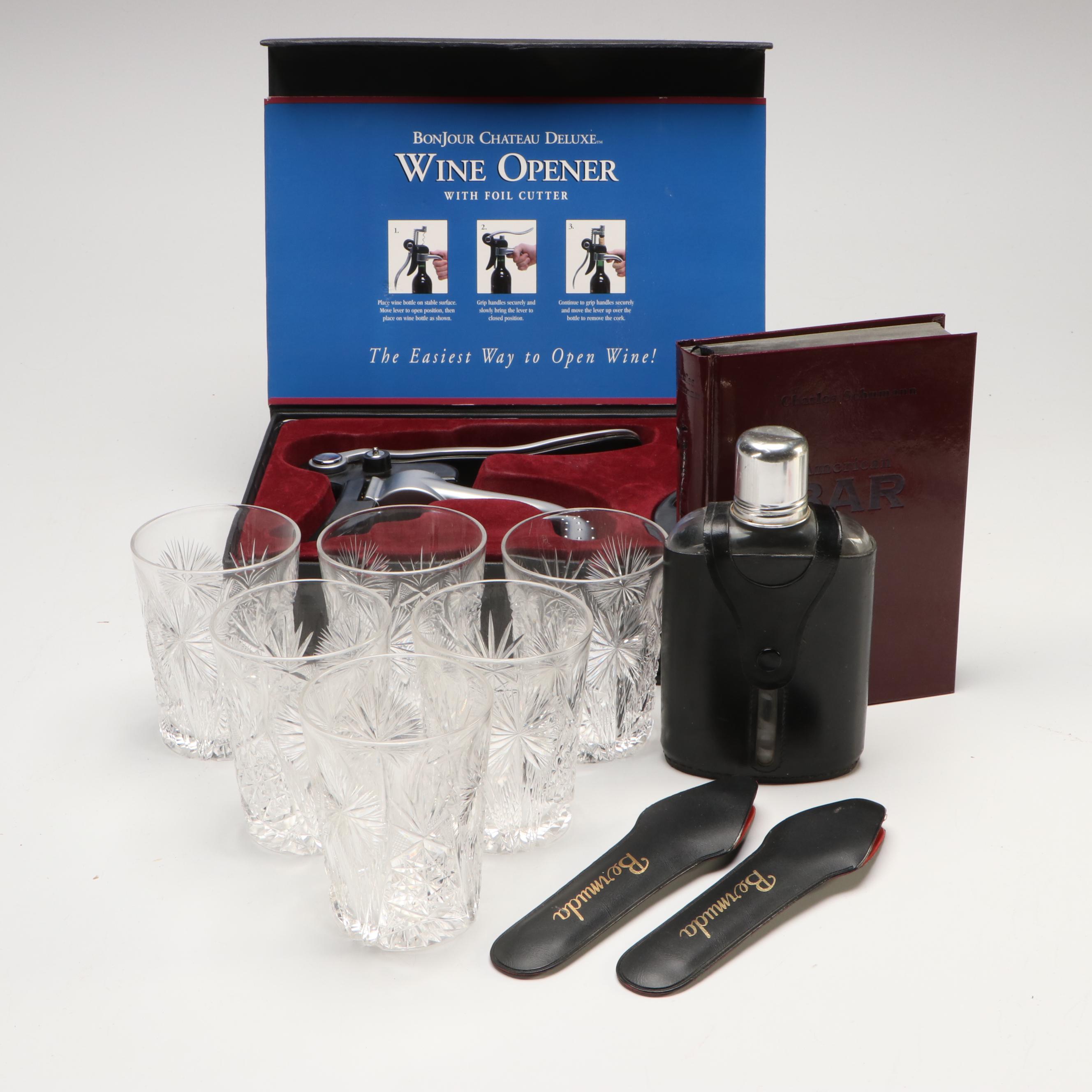 Bonjour Chateau Deluxe Wine Opener with Cut Crystal Glasses and Other Bar Tools