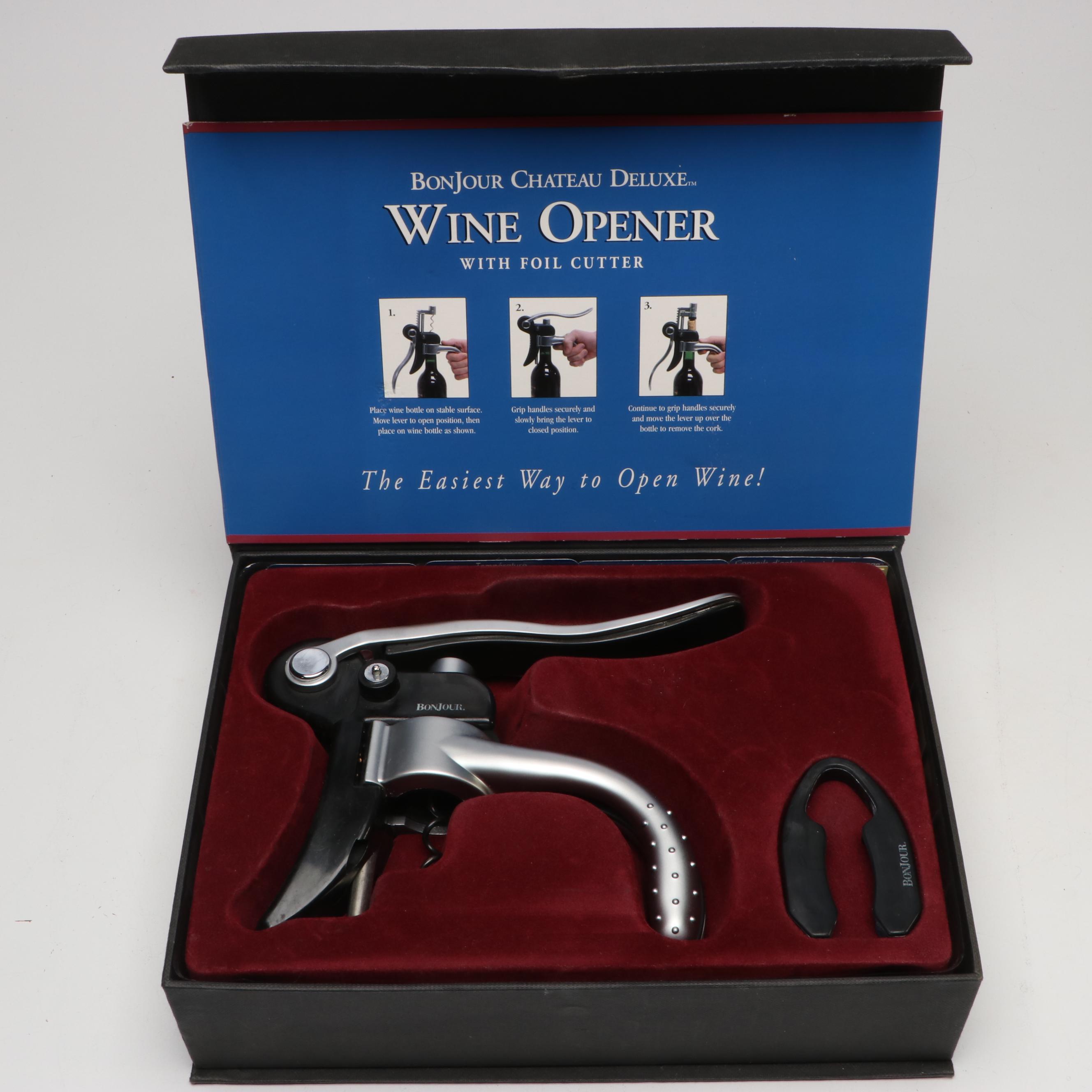 Bonjour Chateau Deluxe Wine Opener with Cut Crystal Glasses and Other Bar Tools