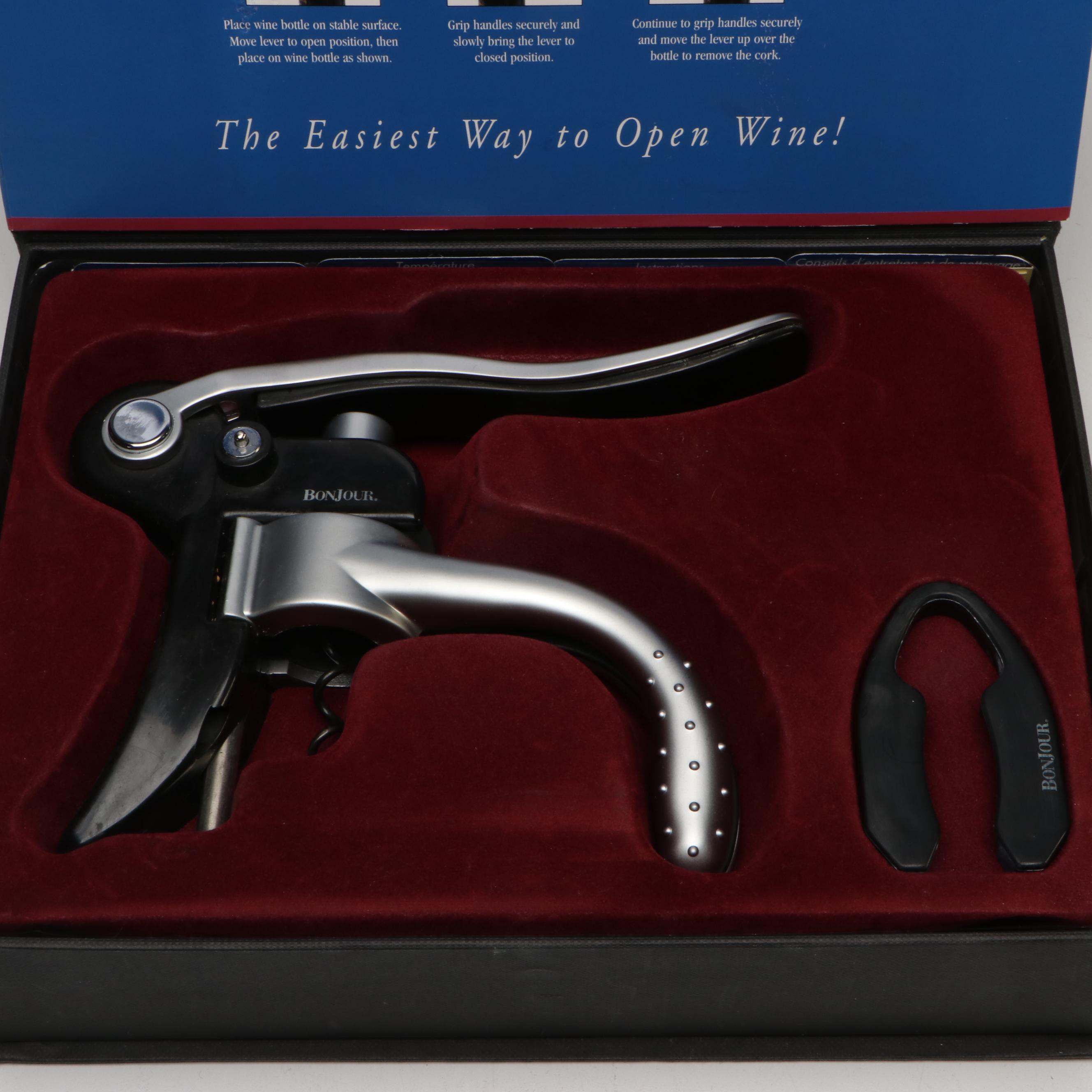 Bonjour Chateau Deluxe Wine Opener with Cut Crystal Glasses and Other Bar Tools