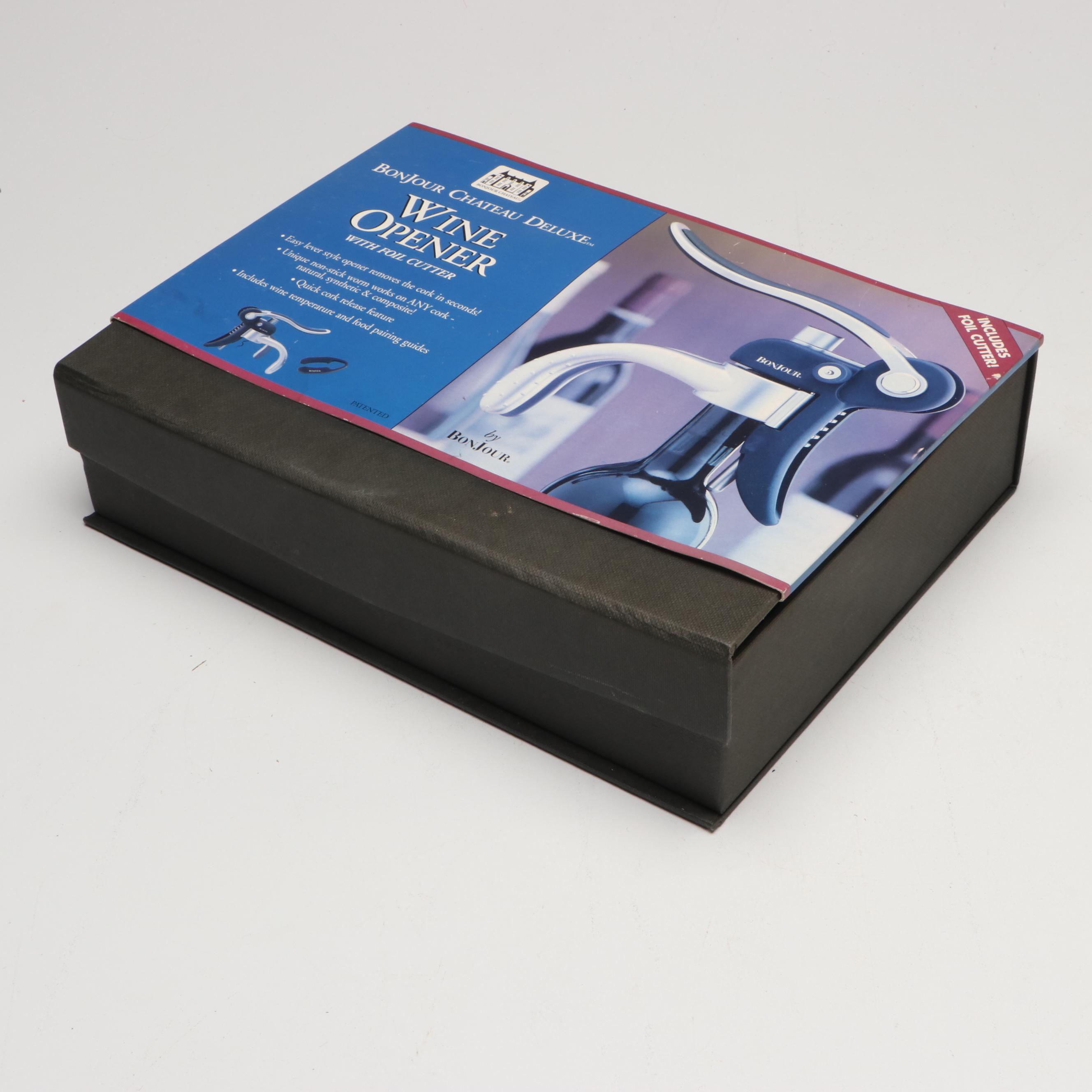 Bonjour Chateau Deluxe Wine Opener with Cut Crystal Glasses and Other Bar Tools