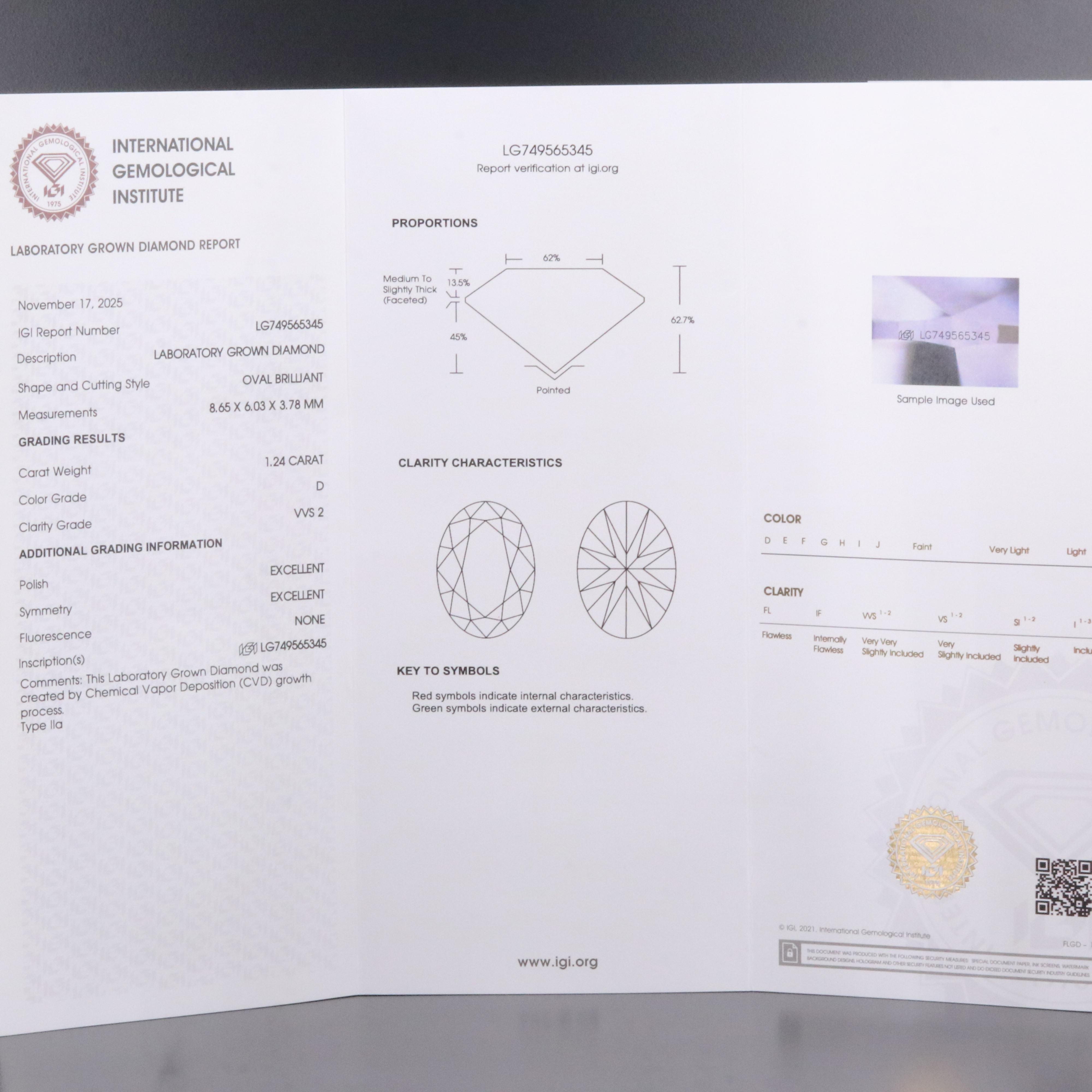 Loose 1.24 CT Lab Grown Diamond with IGI Report