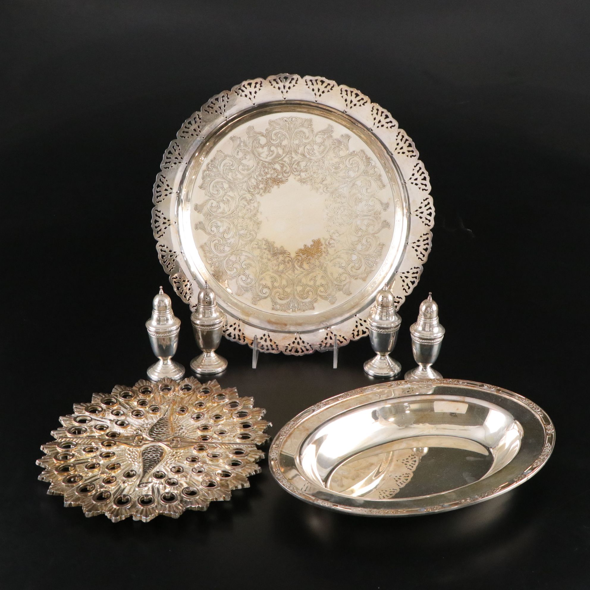 Godinger Silver Plate Peacock Trivet, Weighted Sterling Shakers and More