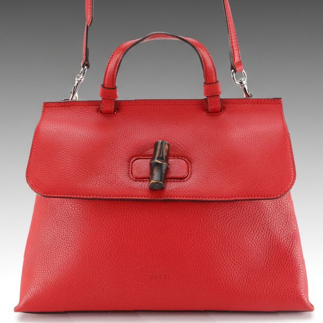 Gucci Bamboo Turnlock Two-Way Shoulder Bag in Red Grained Calfskin Leather