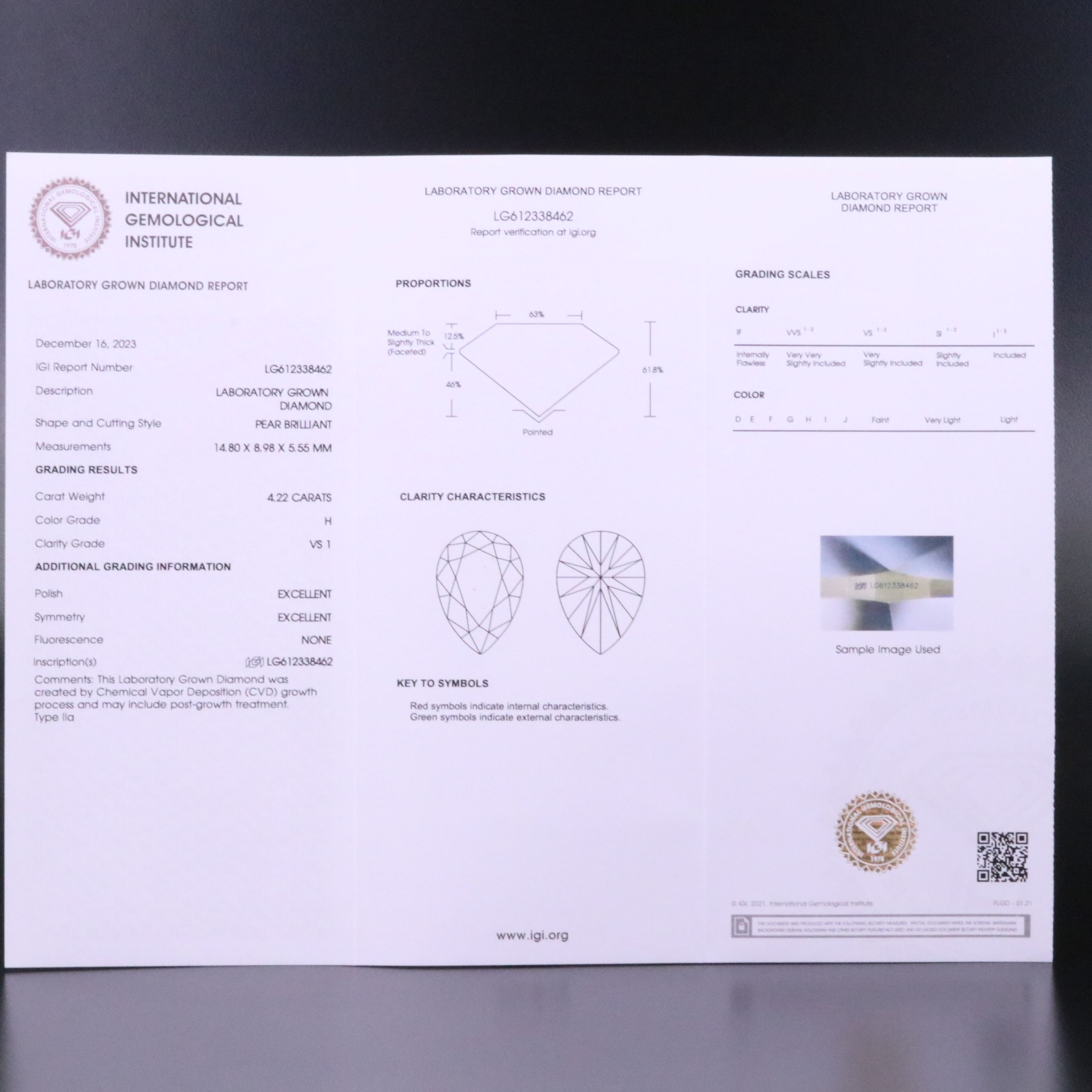 Loose 4.22 CT Lab Grown Diamond with IGI Report