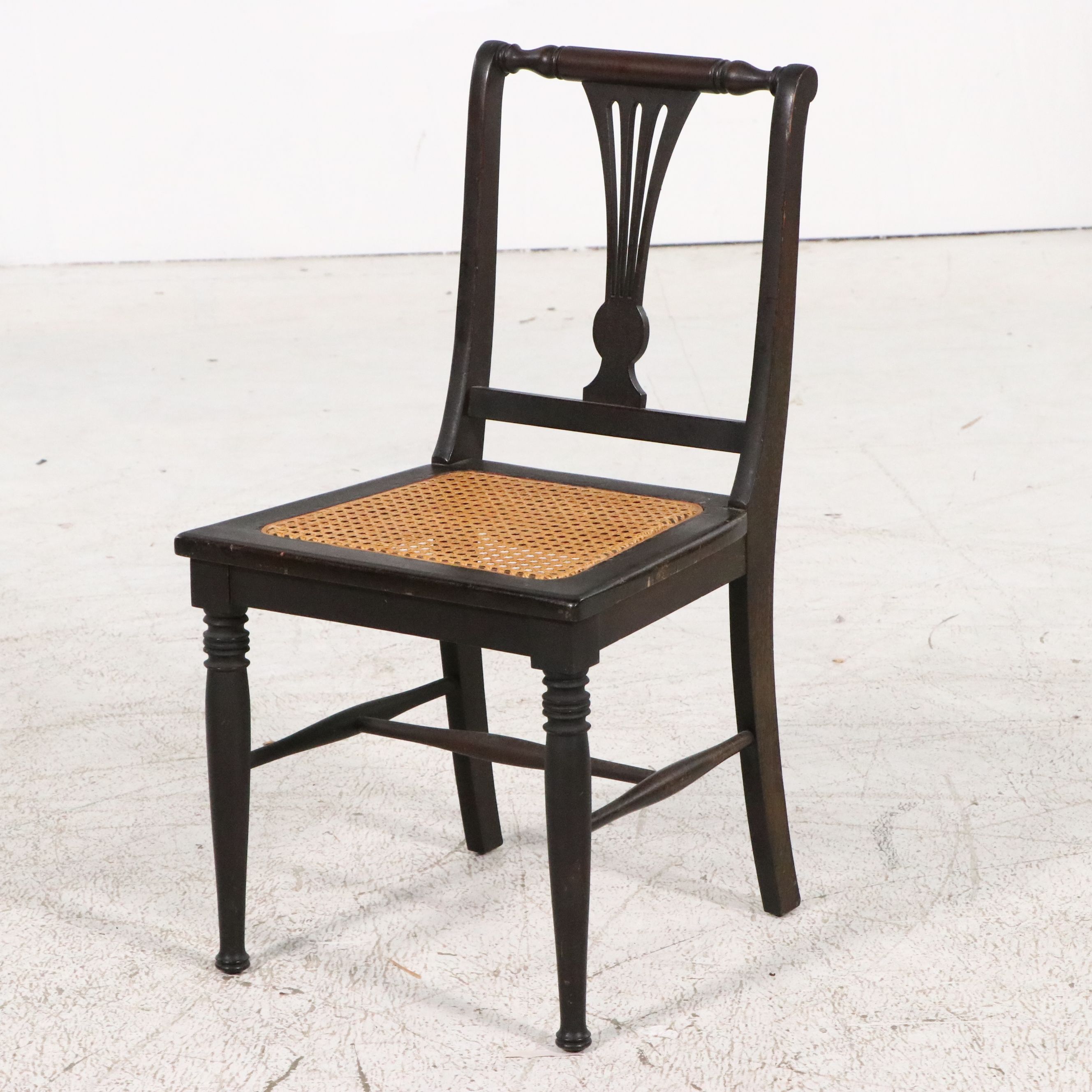 Sheraton Style Black-Painted Wood and Cane Side Chair, 19th Century