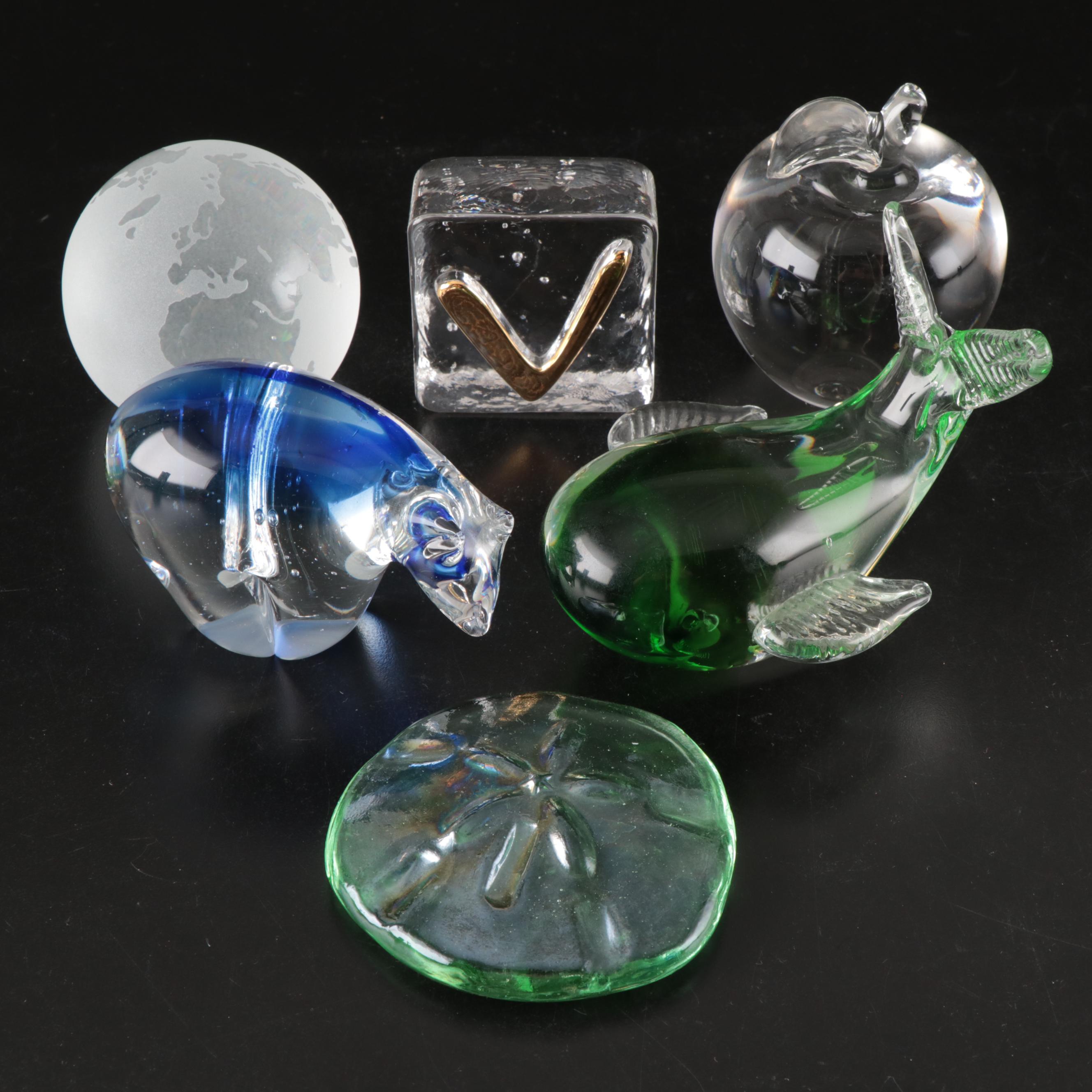 Handblown Whale and Polar Bear with Other Glass Paperweights
