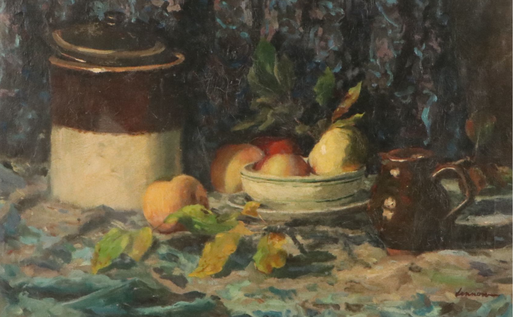 Bernard Lennon Oil Painting "Bean Pot, Pitcher and Bowl of Fruit," 1961