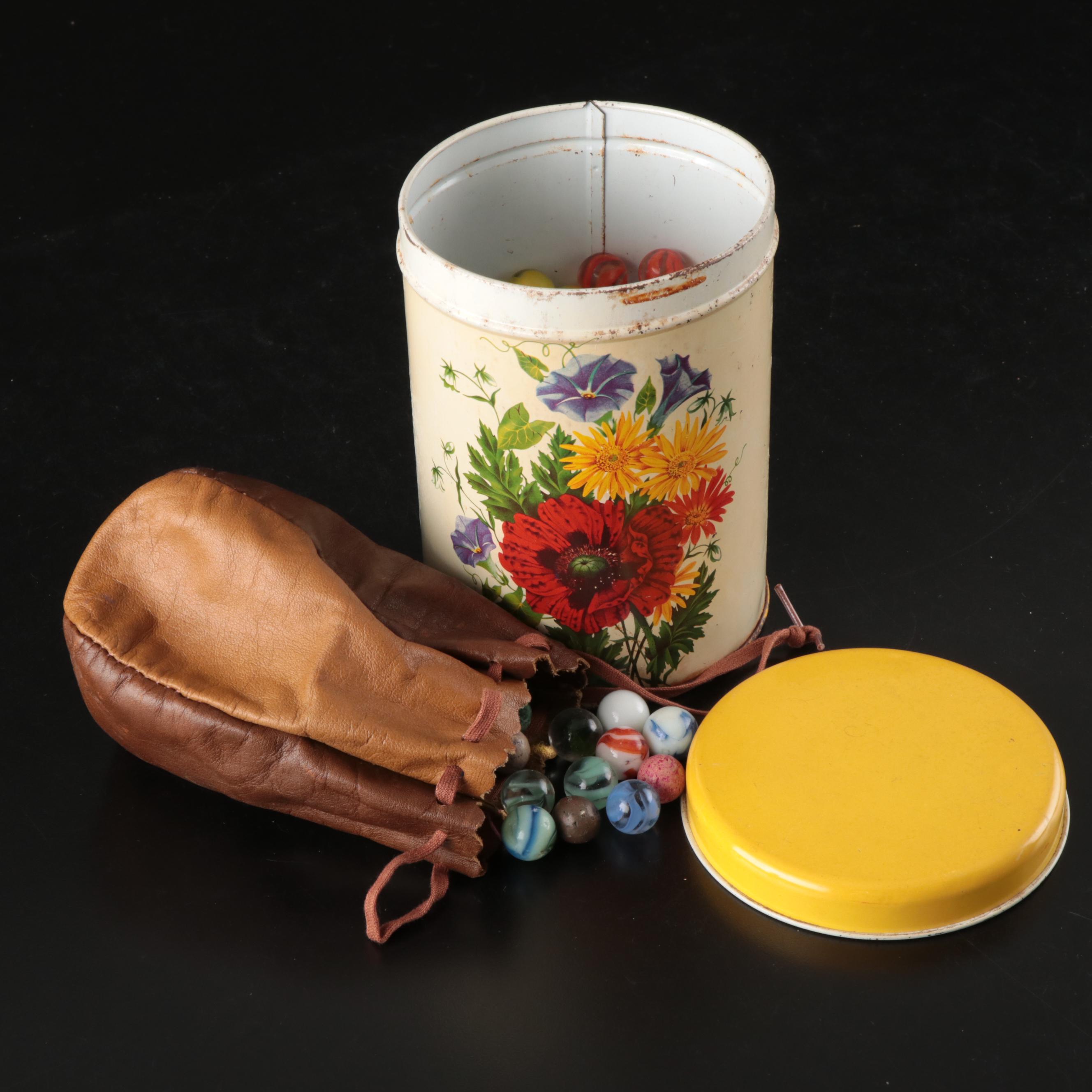 Uranium, Clay, and More Glass Marbles with Leather Pouch and Tin, Vintage