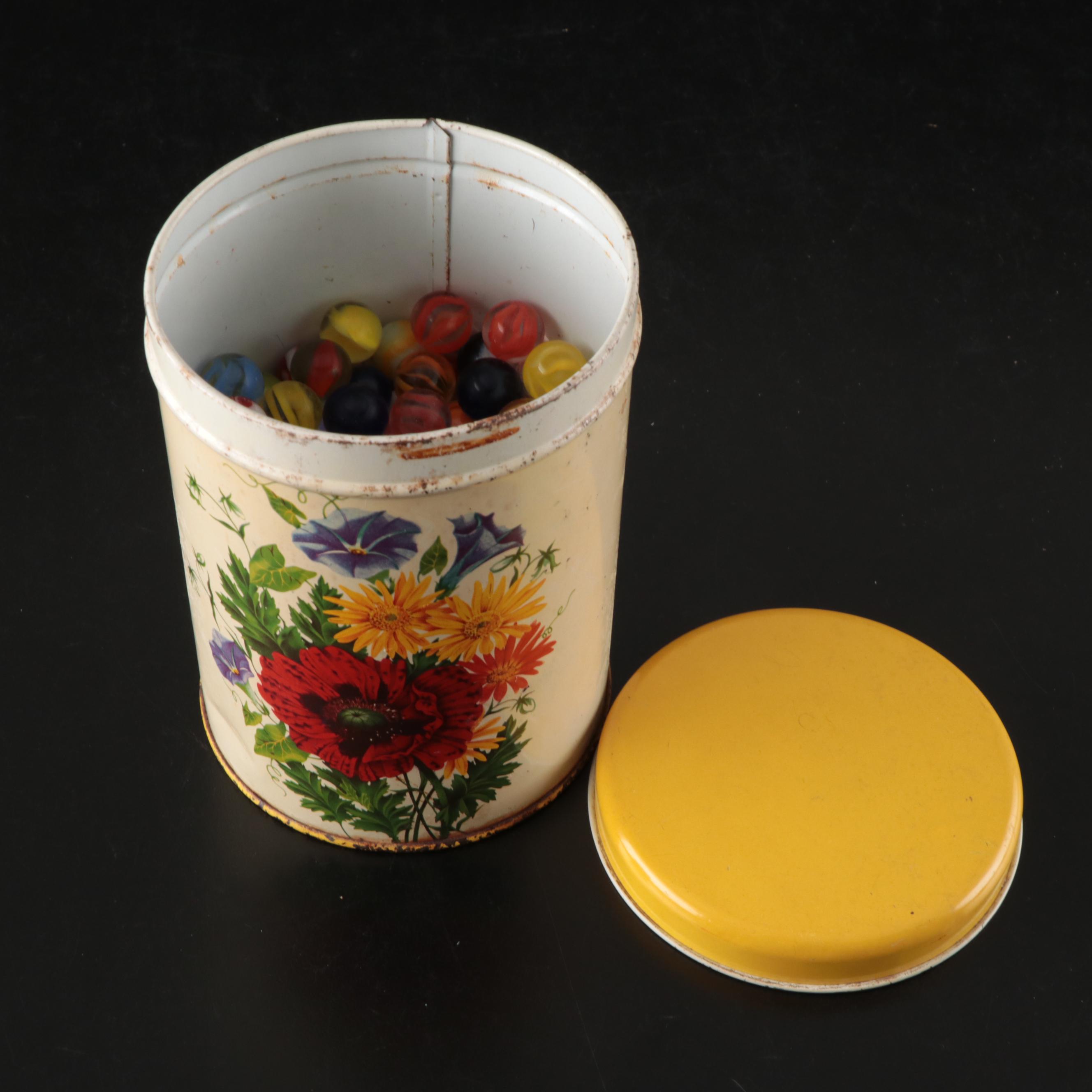 Uranium, Clay, and More Glass Marbles with Leather Pouch and Tin, Vintage