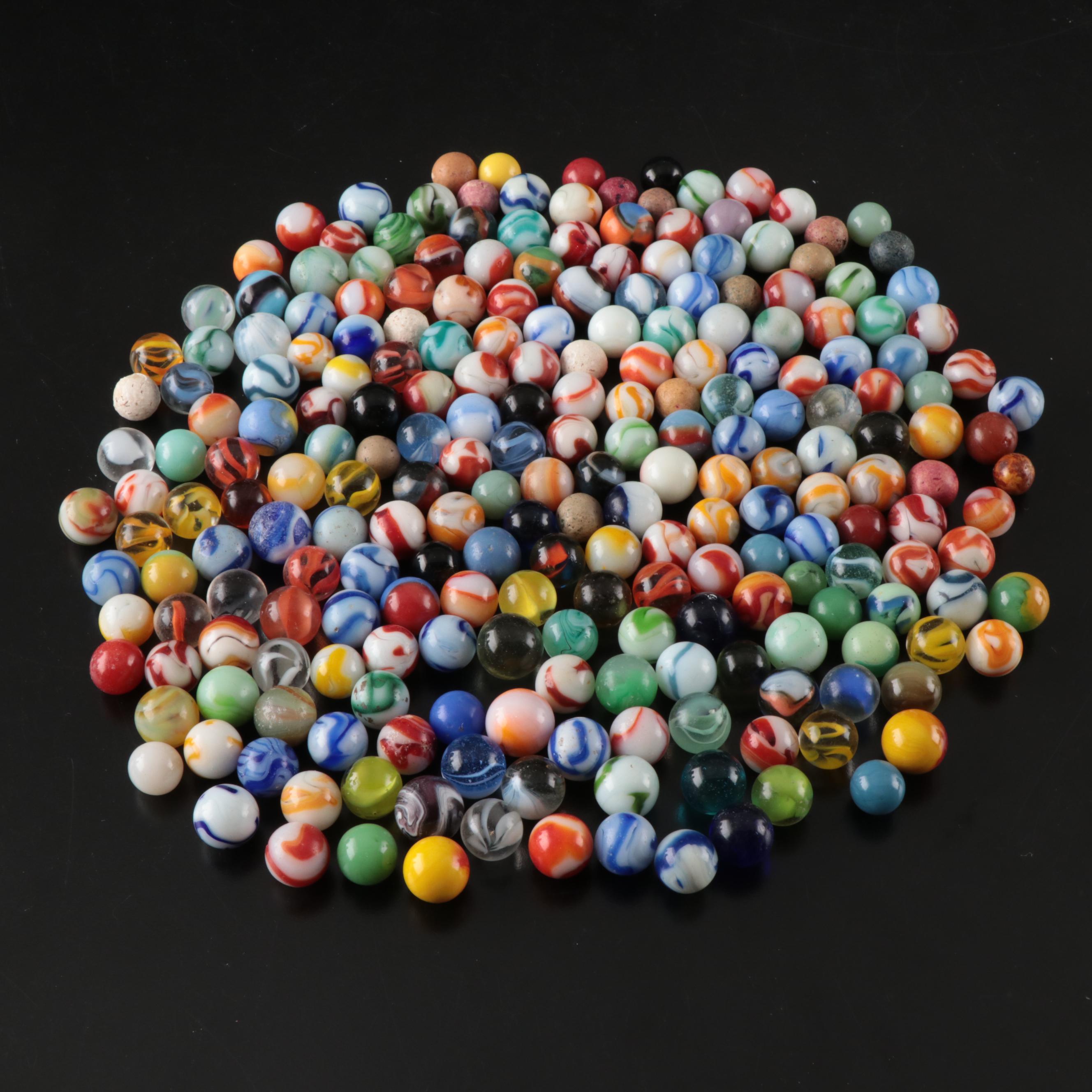 Uranium, Clay, and More Glass Marbles with Leather Pouch and Tin, Vintage