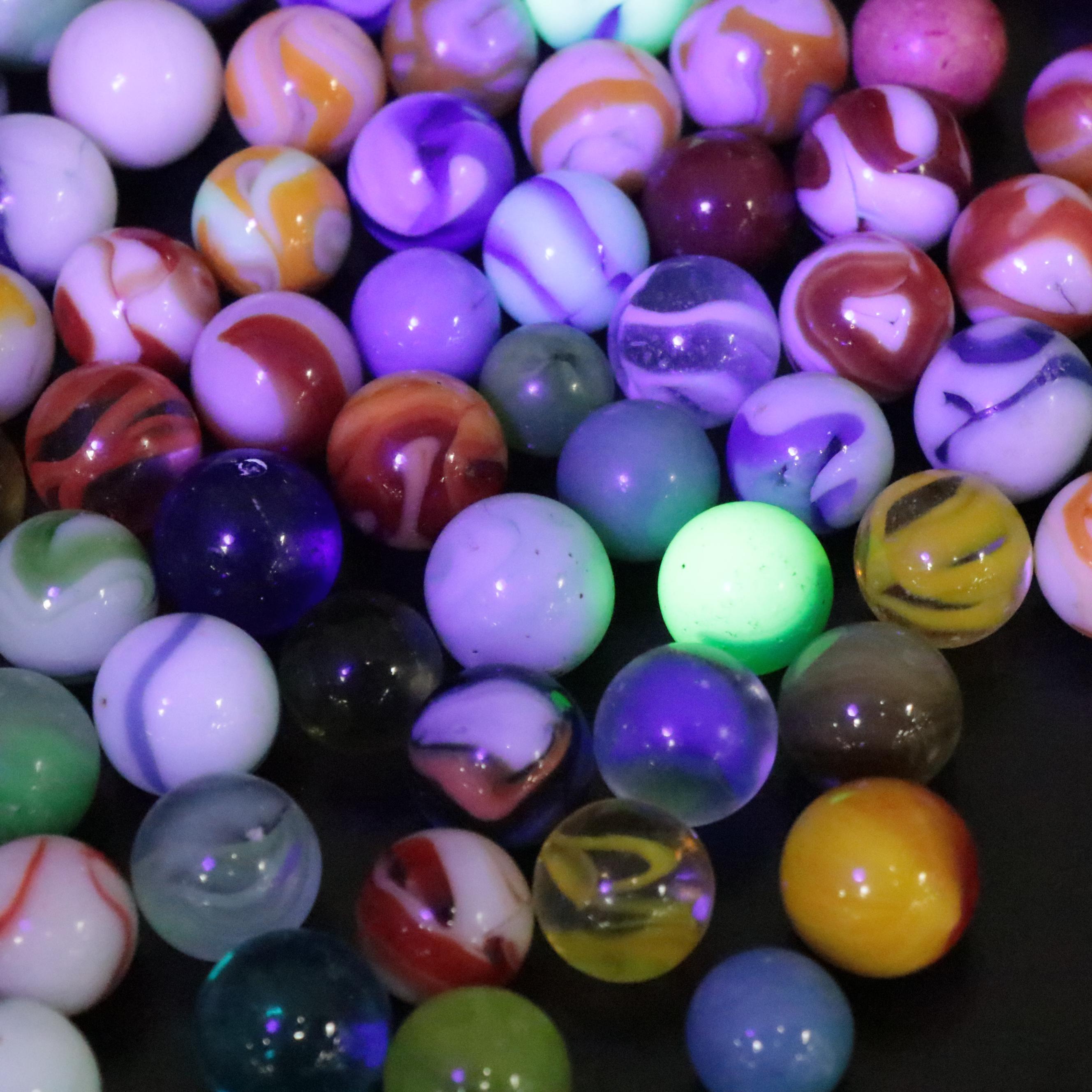 Uranium, Clay, and More Glass Marbles with Leather Pouch and Tin, Vintage