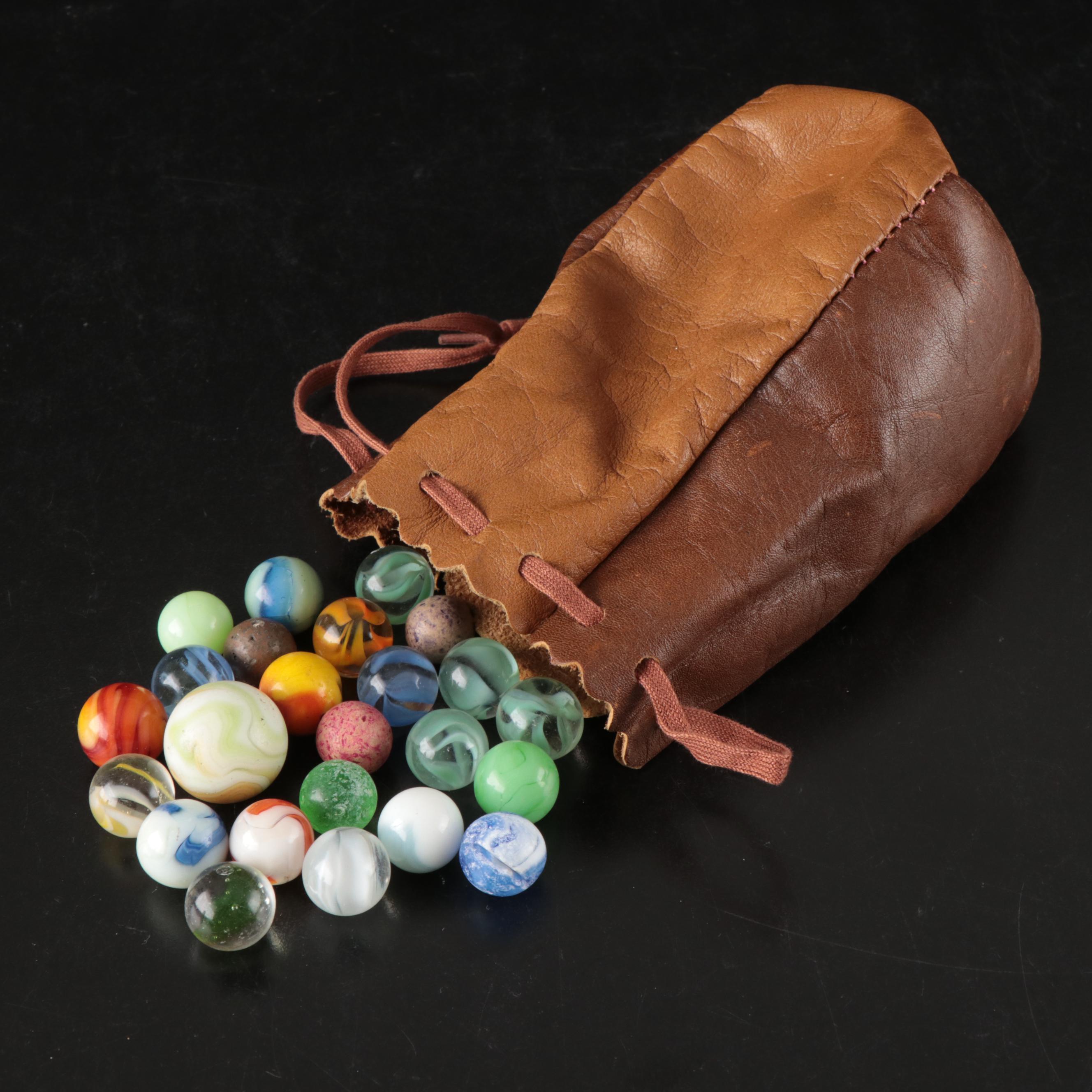 Uranium, Clay, and More Glass Marbles with Leather Pouch and Tin, Vintage