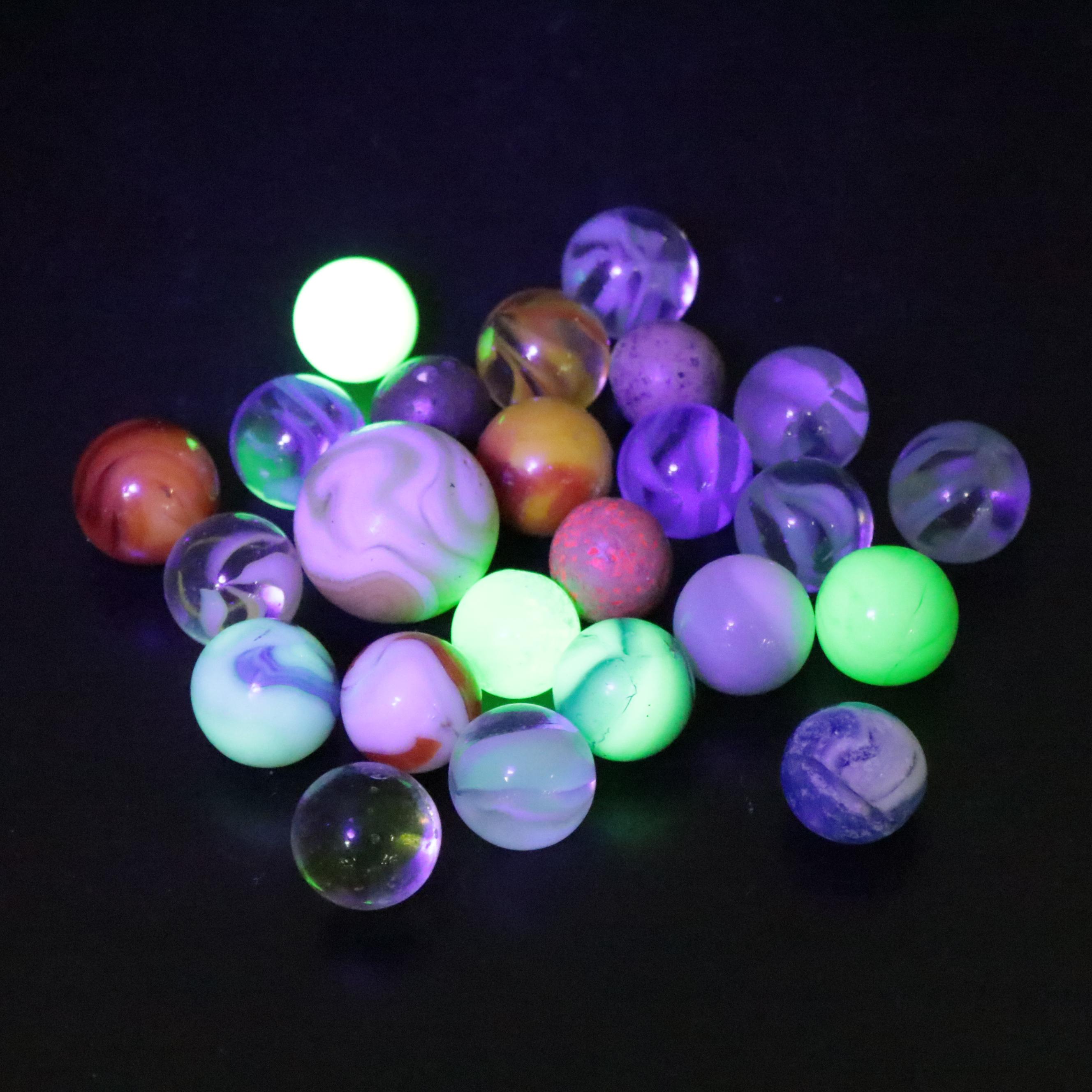 Uranium, Clay, and More Glass Marbles with Leather Pouch and Tin, Vintage