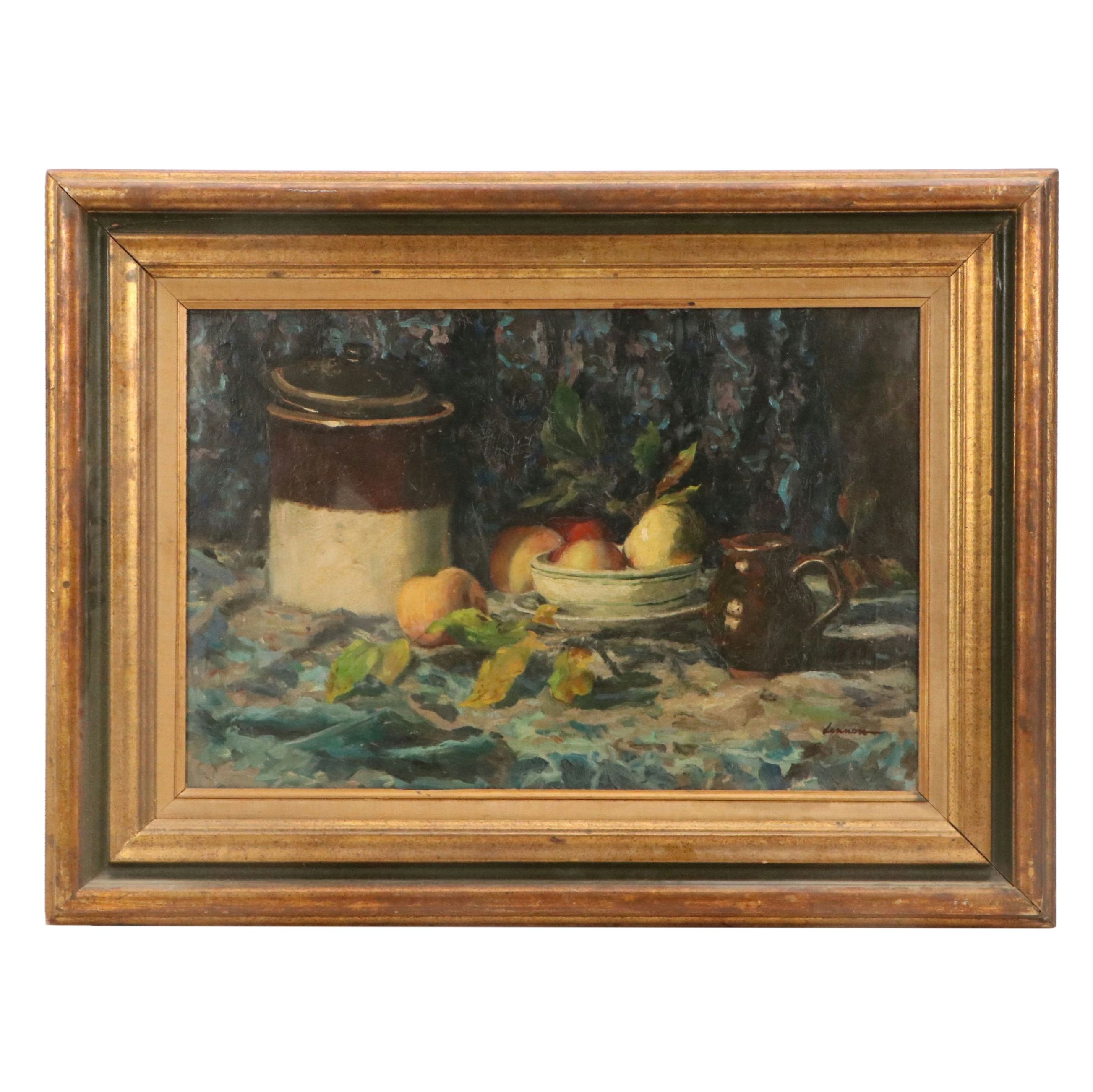 Bernard Lennon Oil Painting "Bean Pot, Pitcher and Bowl of Fruit," 1961