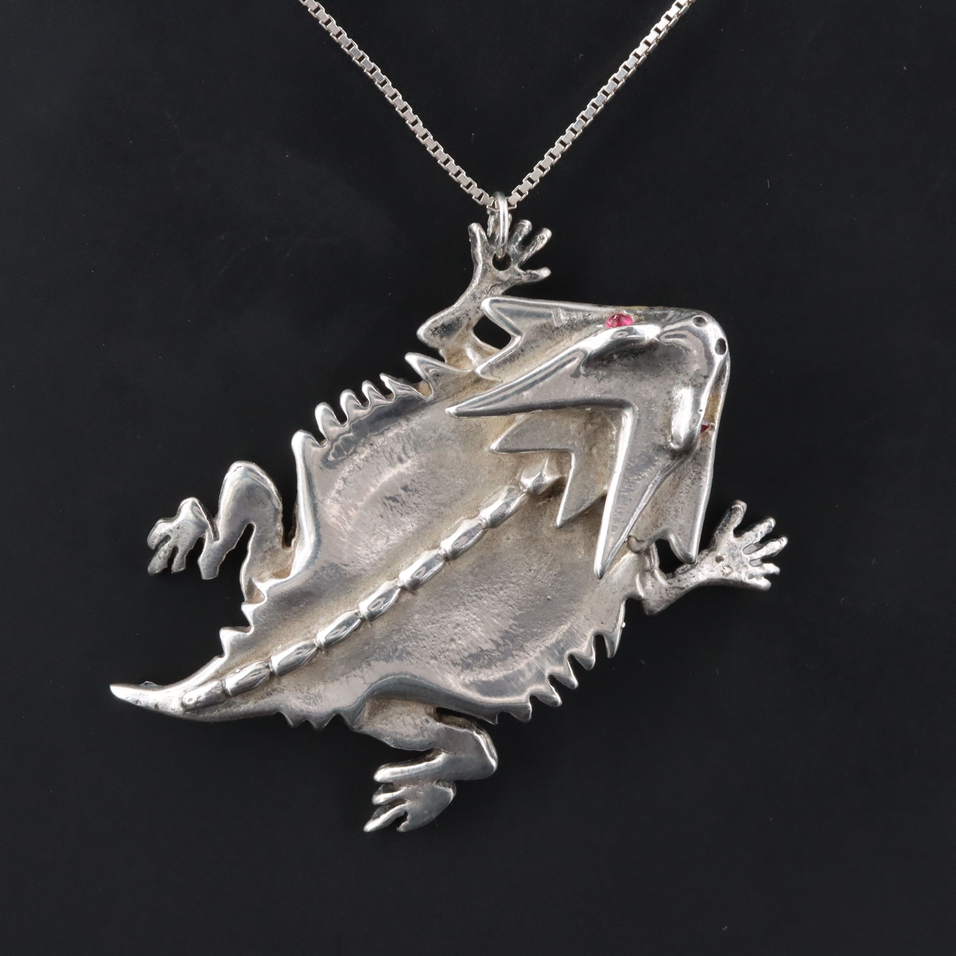 Signed Sterling Inlaid Horned Lizard Pendant Necklace