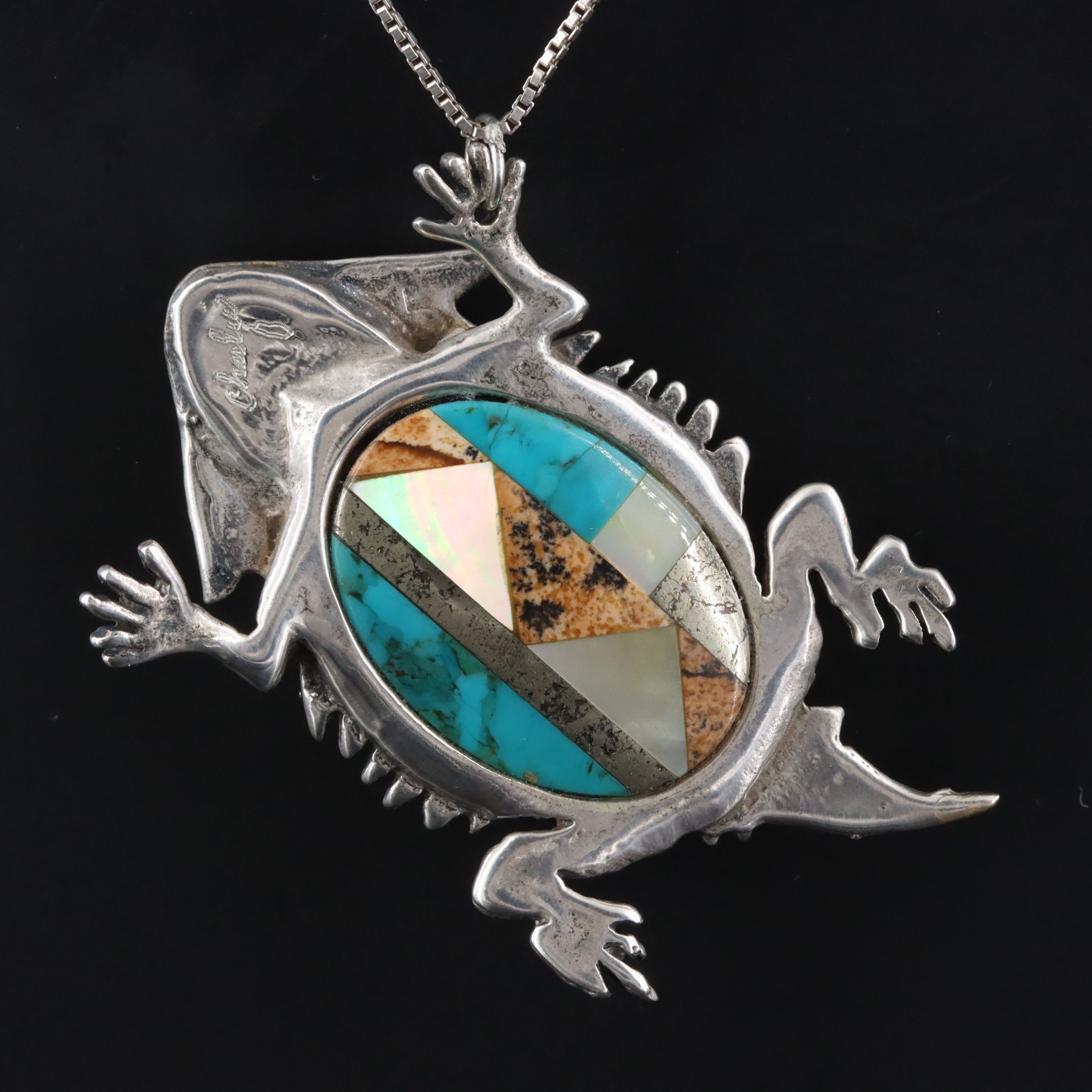 Signed Sterling Inlaid Horned Lizard Pendant Necklace