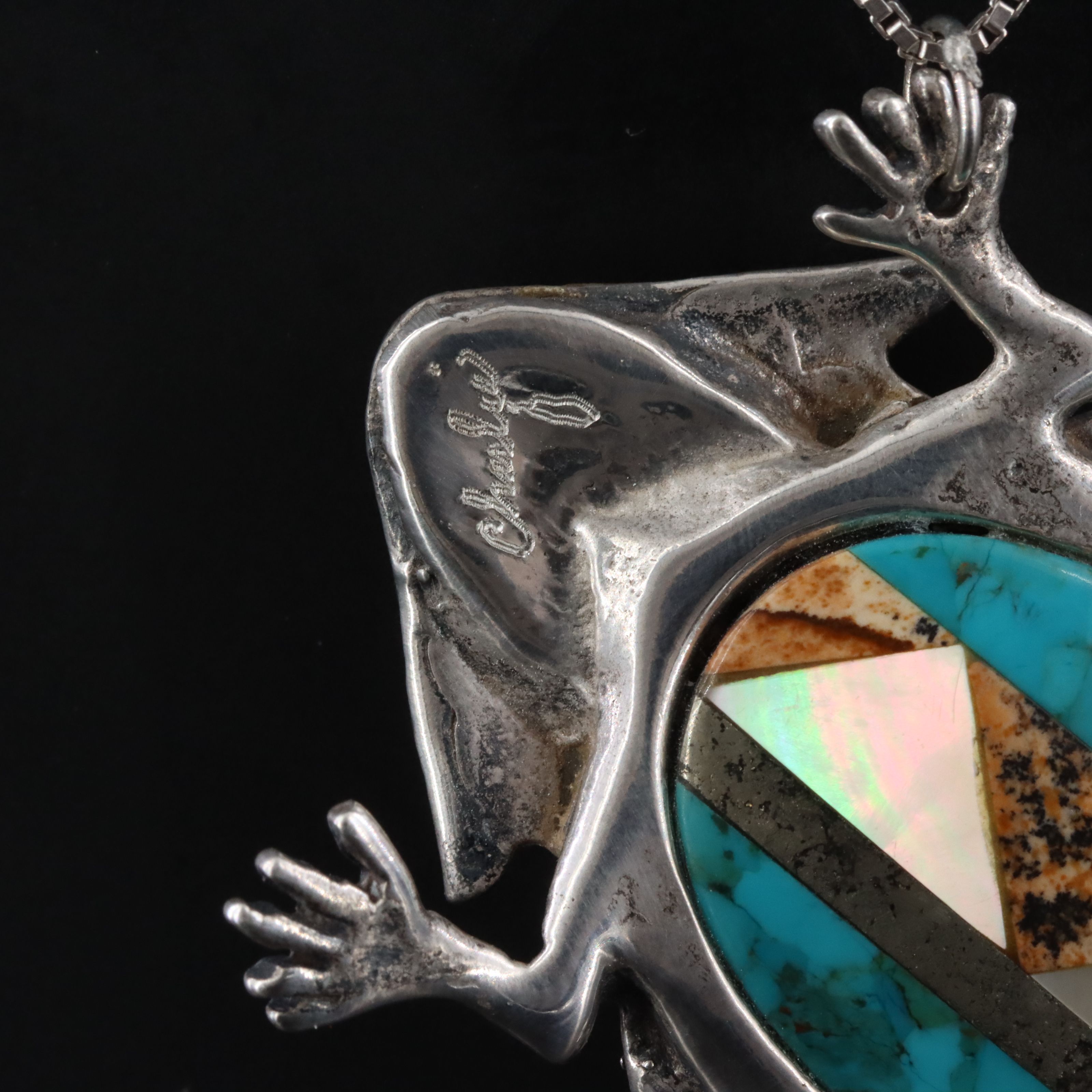 Signed Sterling Inlaid Horned Lizard Pendant Necklace