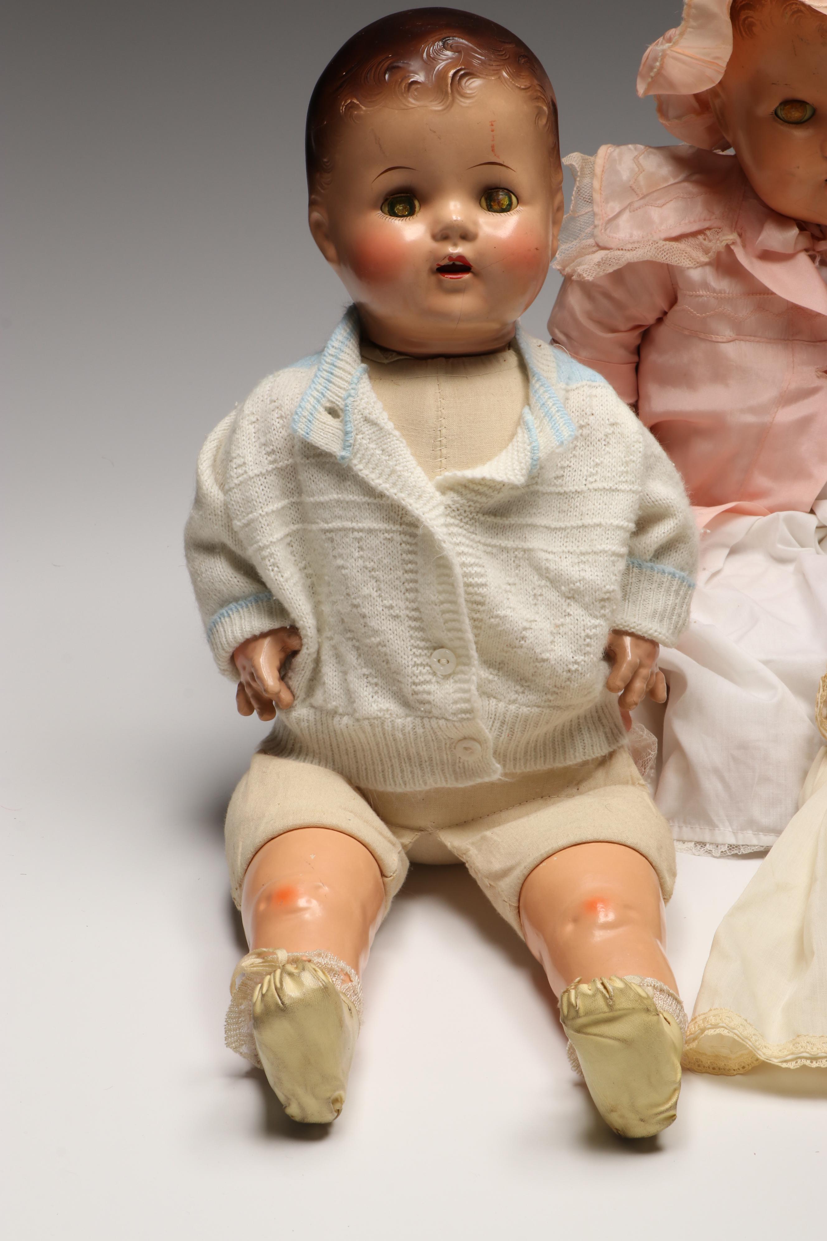 Baby Dolls with Crocheted Bonnet and Sweater, Early to Mid-20th Century
