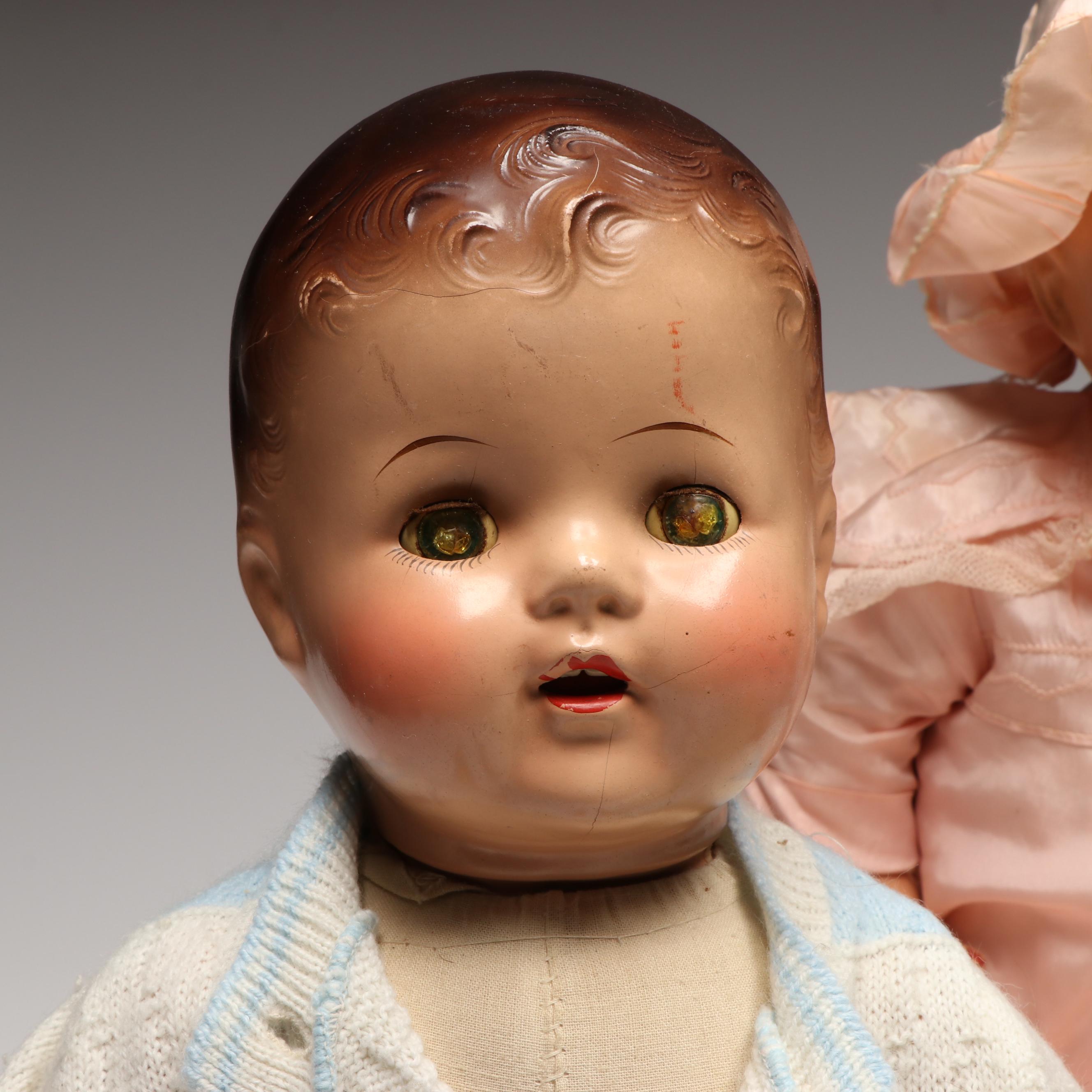 Baby Dolls with Crocheted Bonnet and Sweater, Early to Mid-20th Century