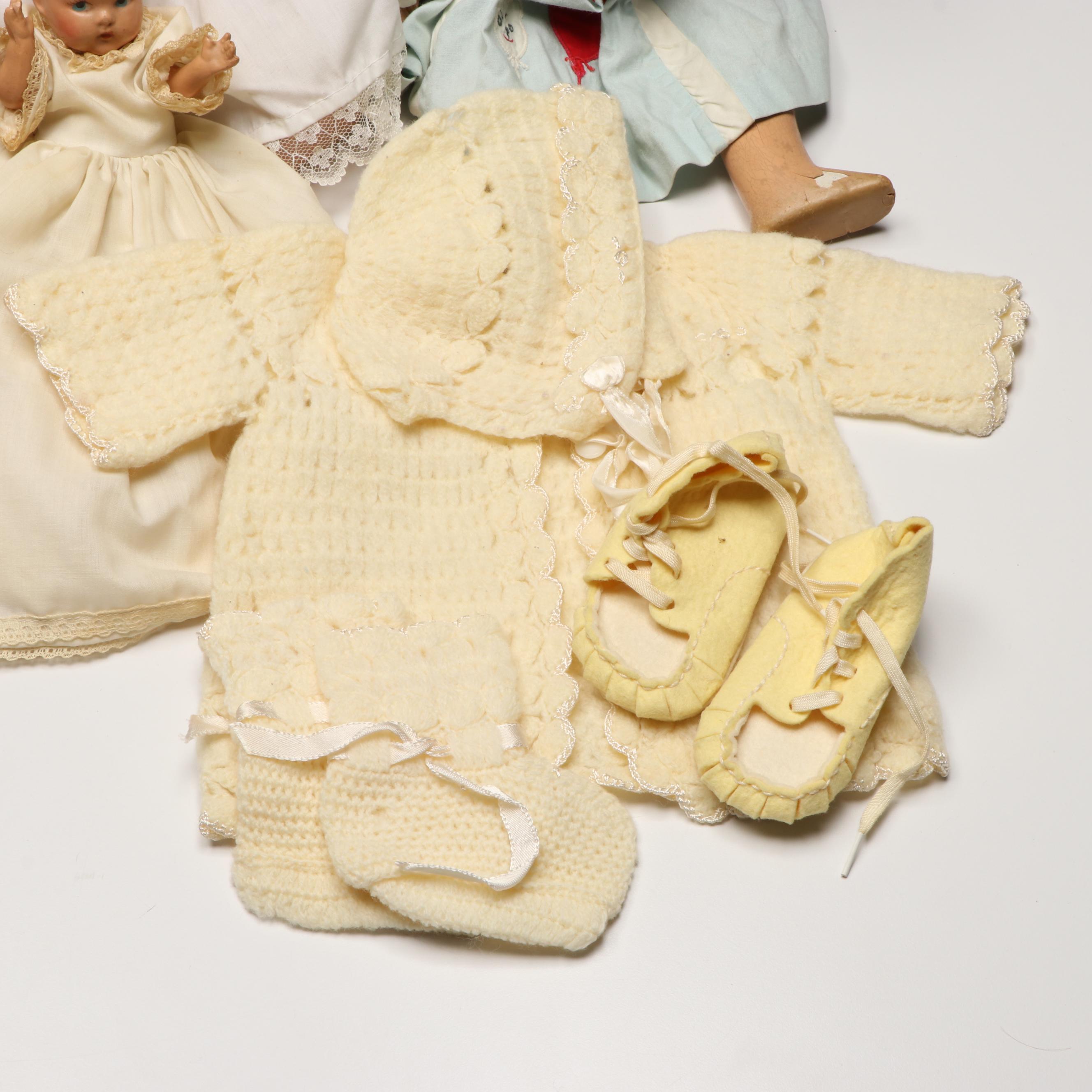Baby Dolls with Crocheted Bonnet and Sweater, Early to Mid-20th Century