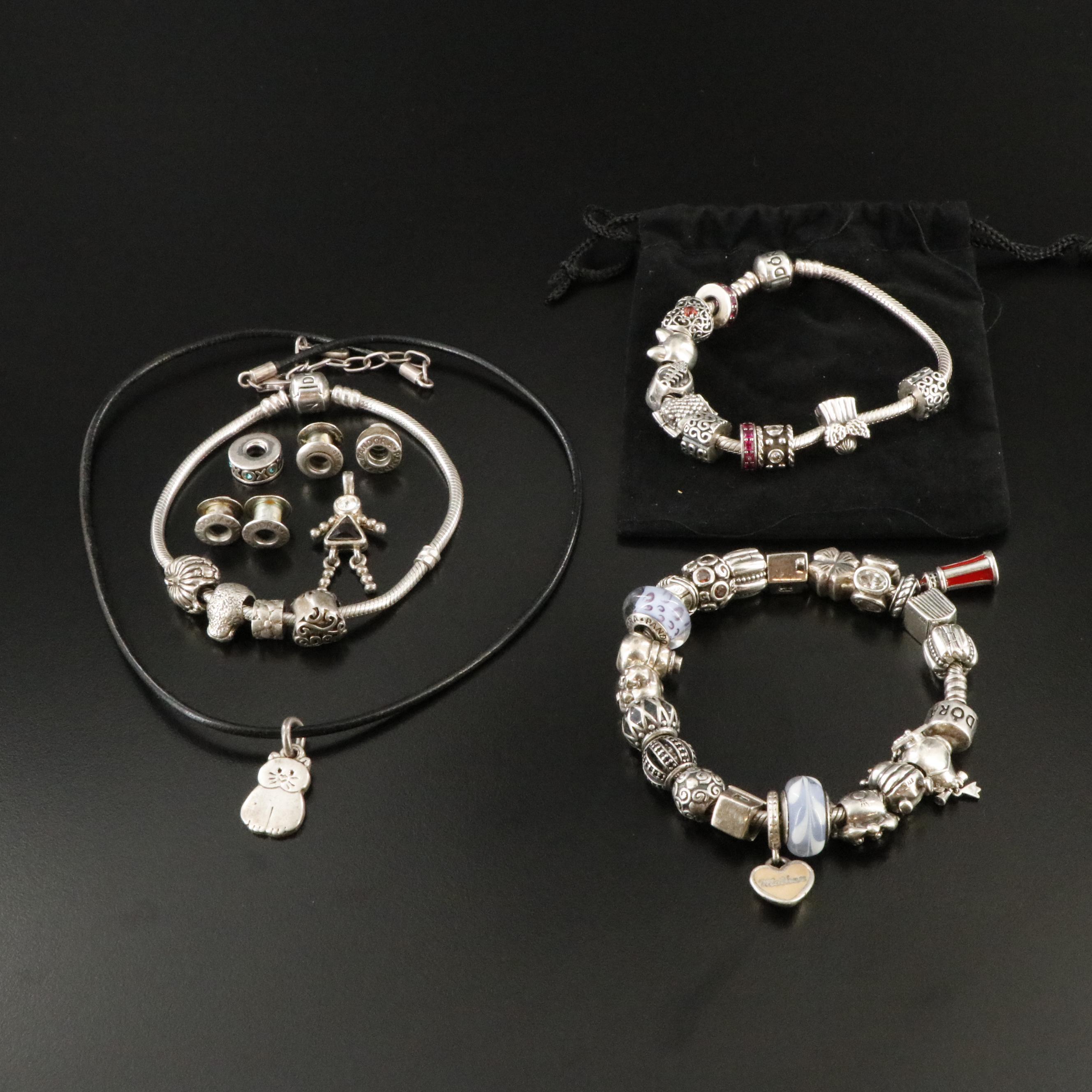 Pandora Sterling Art Glass and CZ Bracelets and Leather Cord Necklace