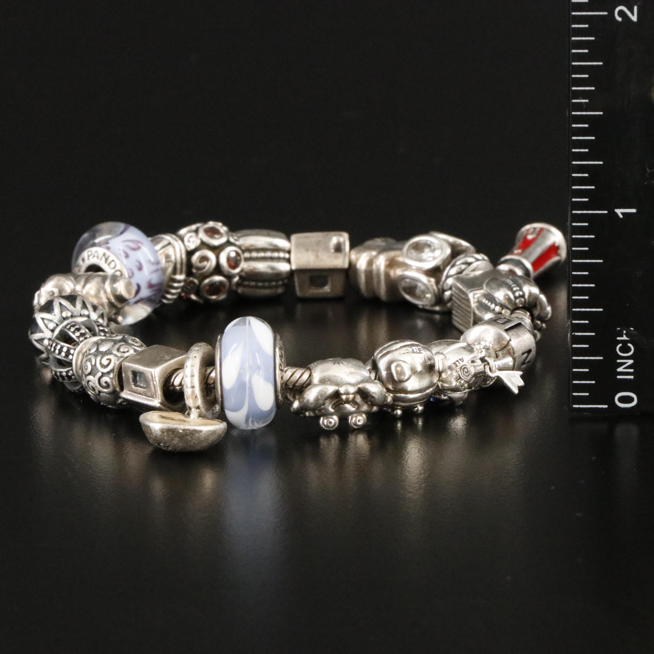 Pandora Sterling Art Glass and CZ Bracelets and Leather Cord Necklace