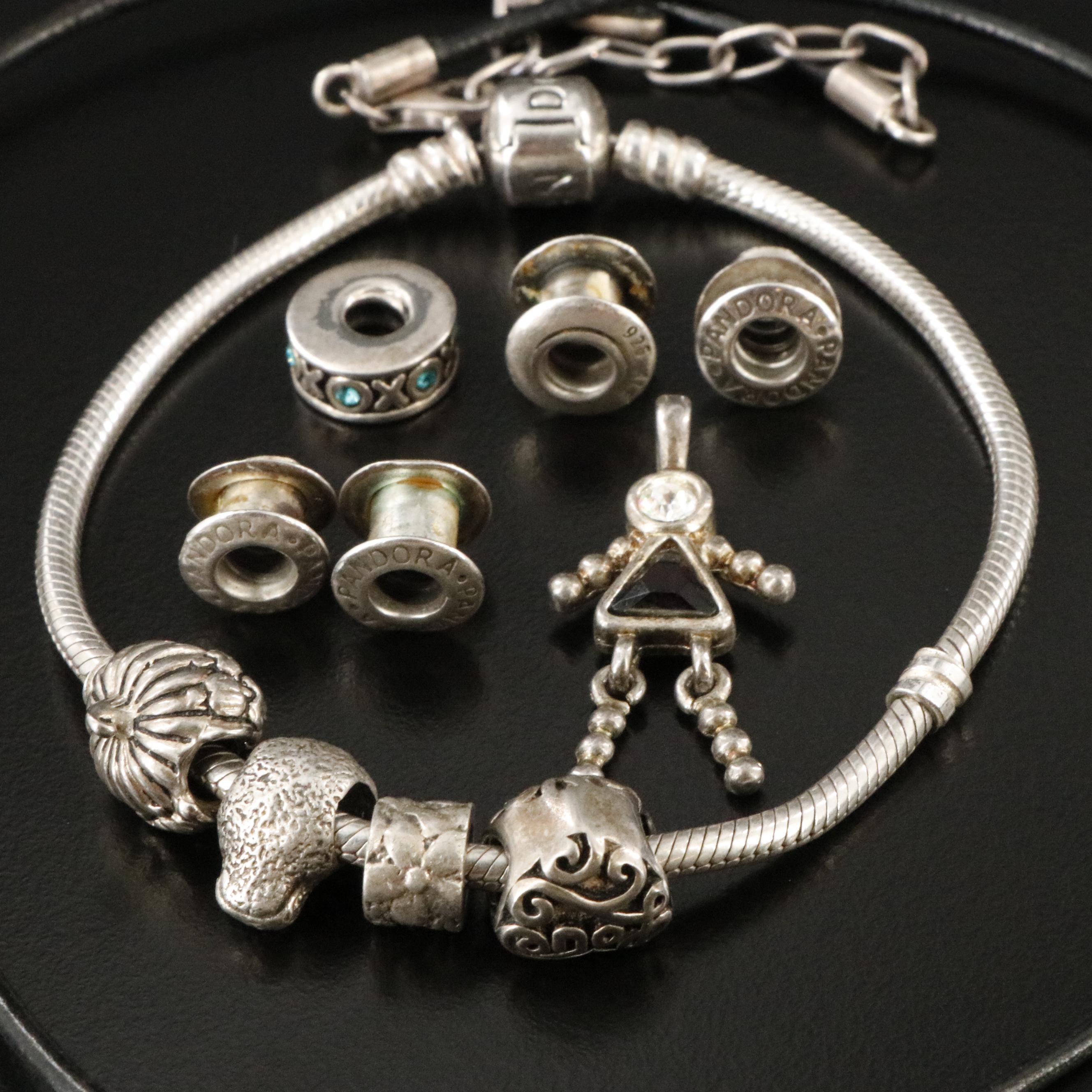 Pandora Sterling Art Glass and CZ Bracelets and Leather Cord Necklace