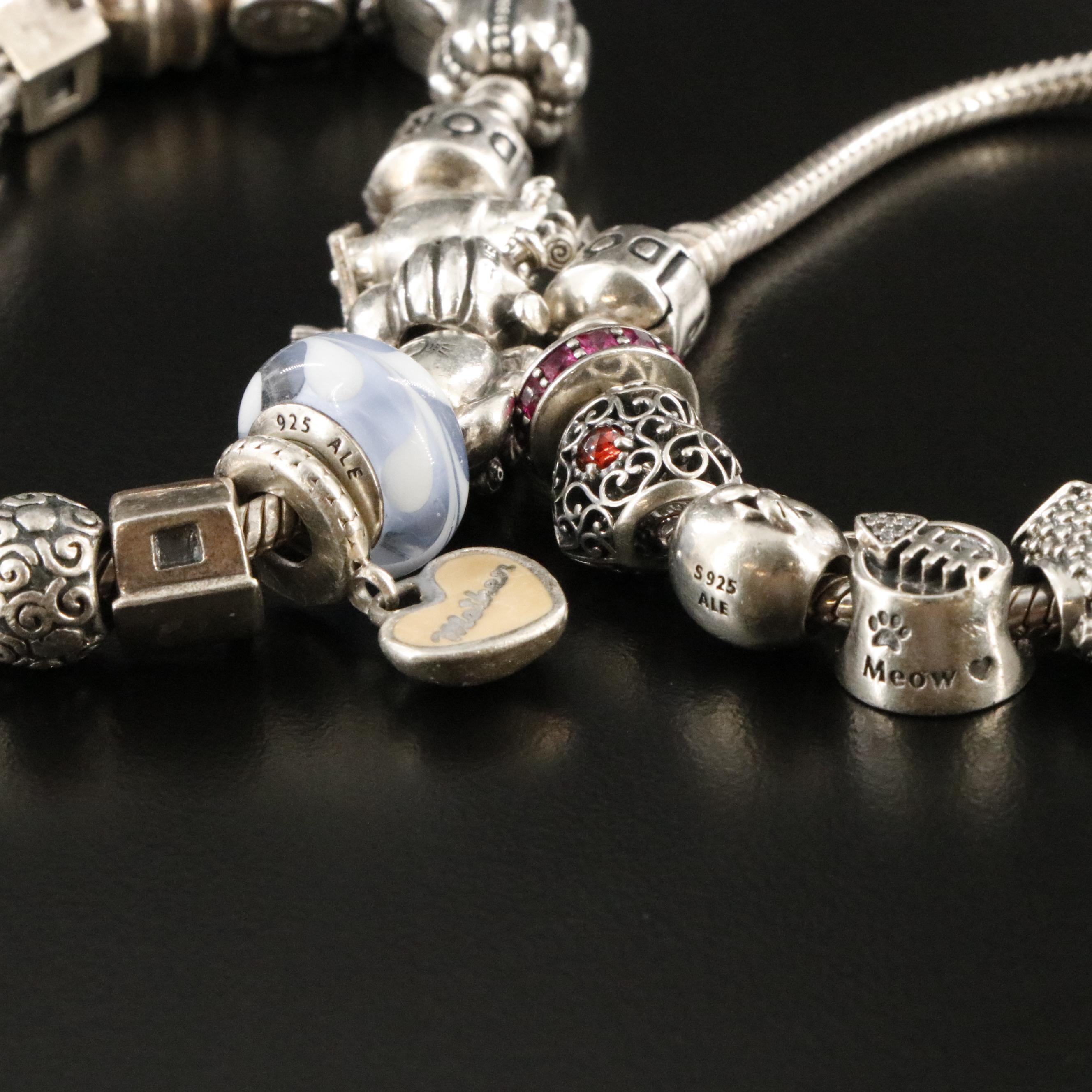 Pandora Sterling Art Glass and CZ Bracelets and Leather Cord Necklace