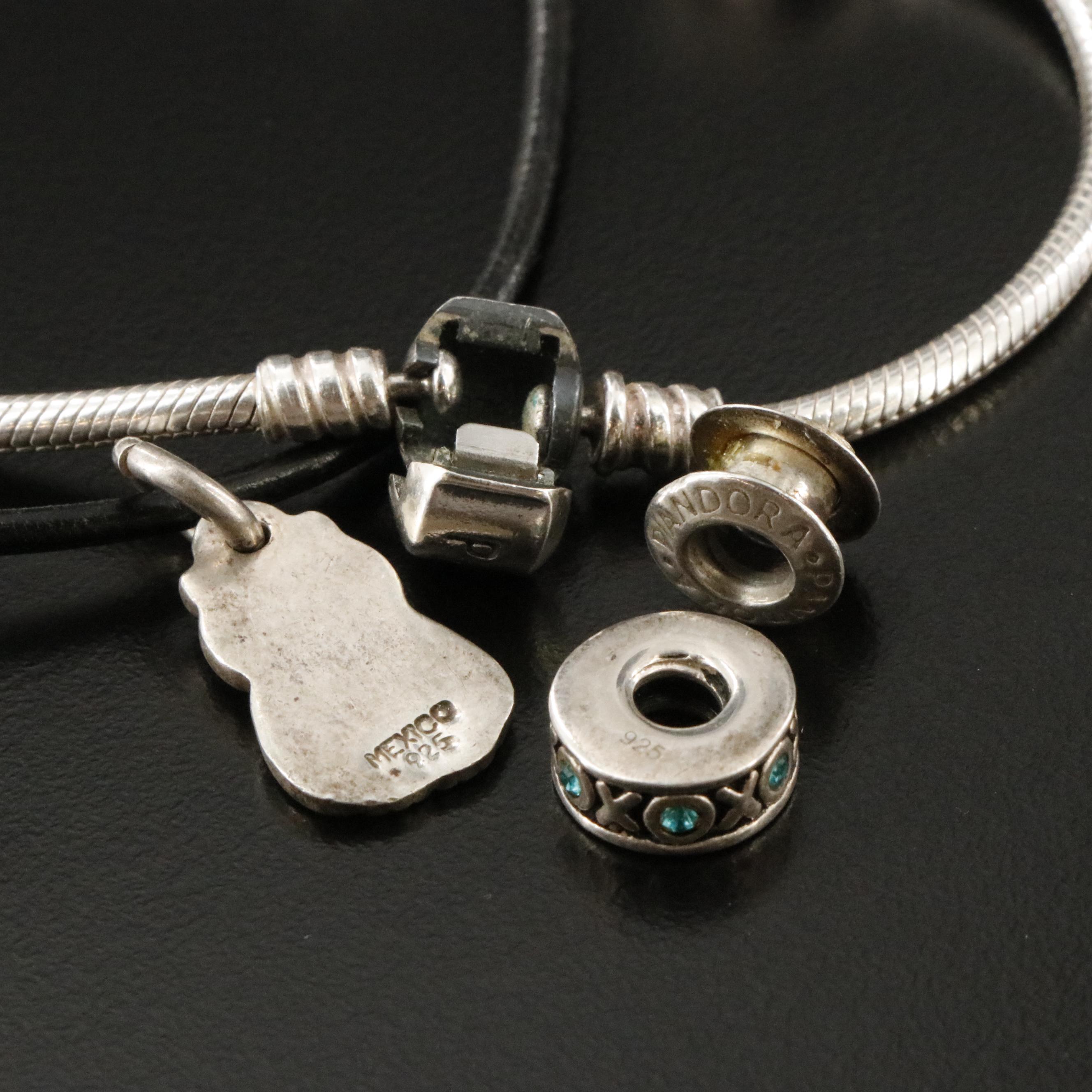 Pandora Sterling Art Glass and CZ Bracelets and Leather Cord Necklace
