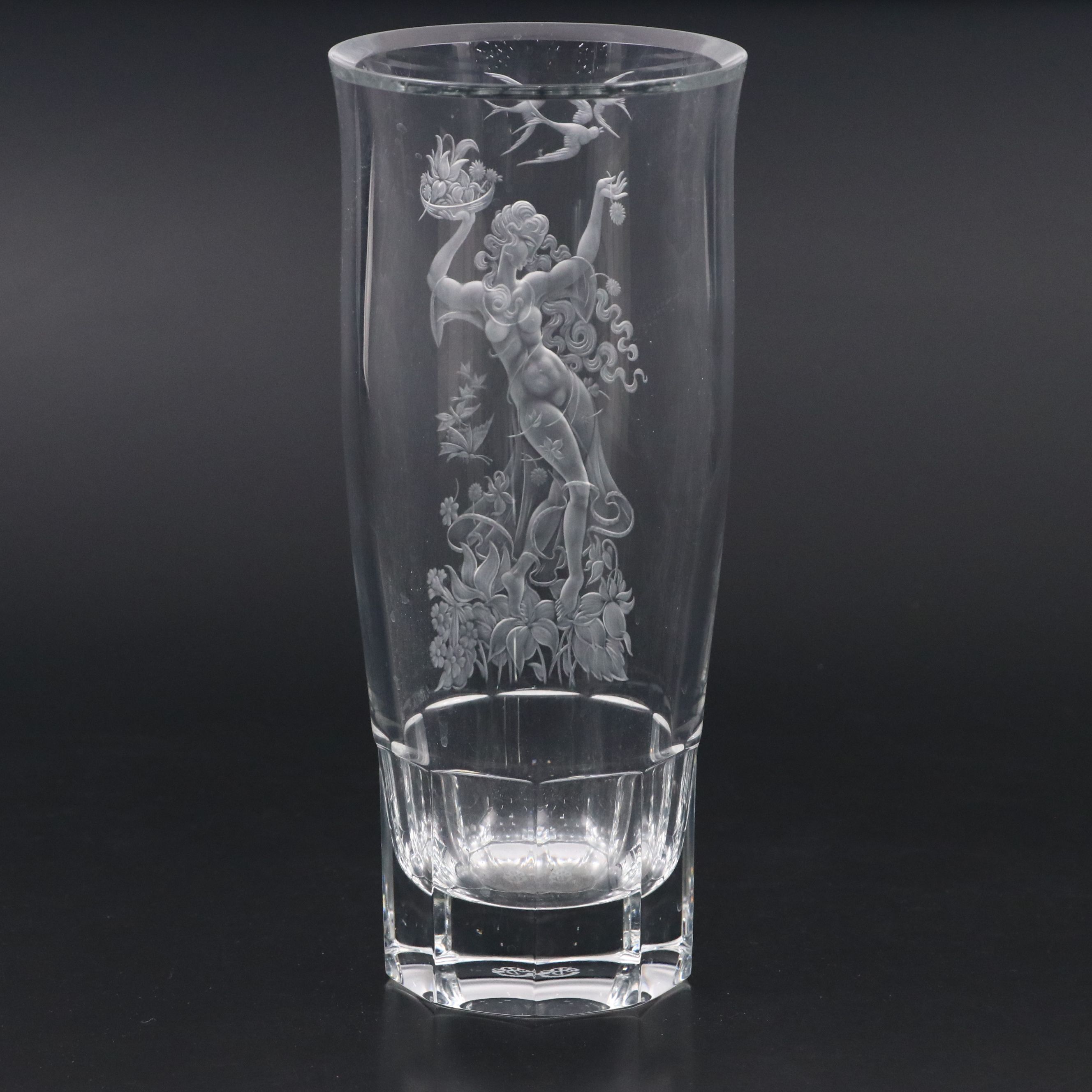 Exbor Hand-Engraved Figural Czech Crystal Vase, Late 20th Century