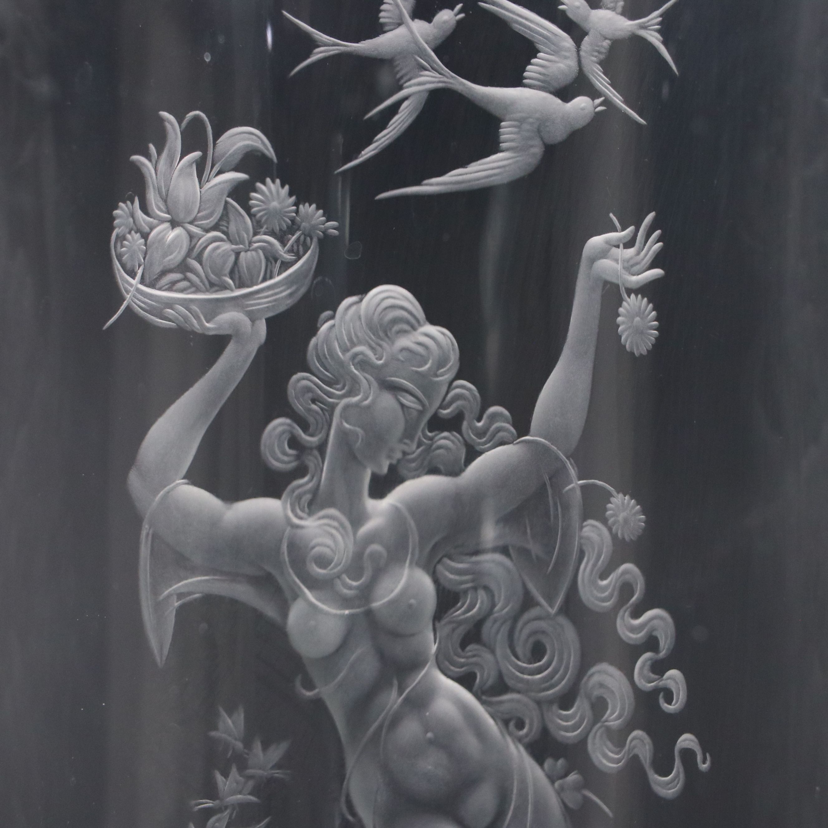 Exbor Hand-Engraved Figural Czech Crystal Vase, Late 20th Century