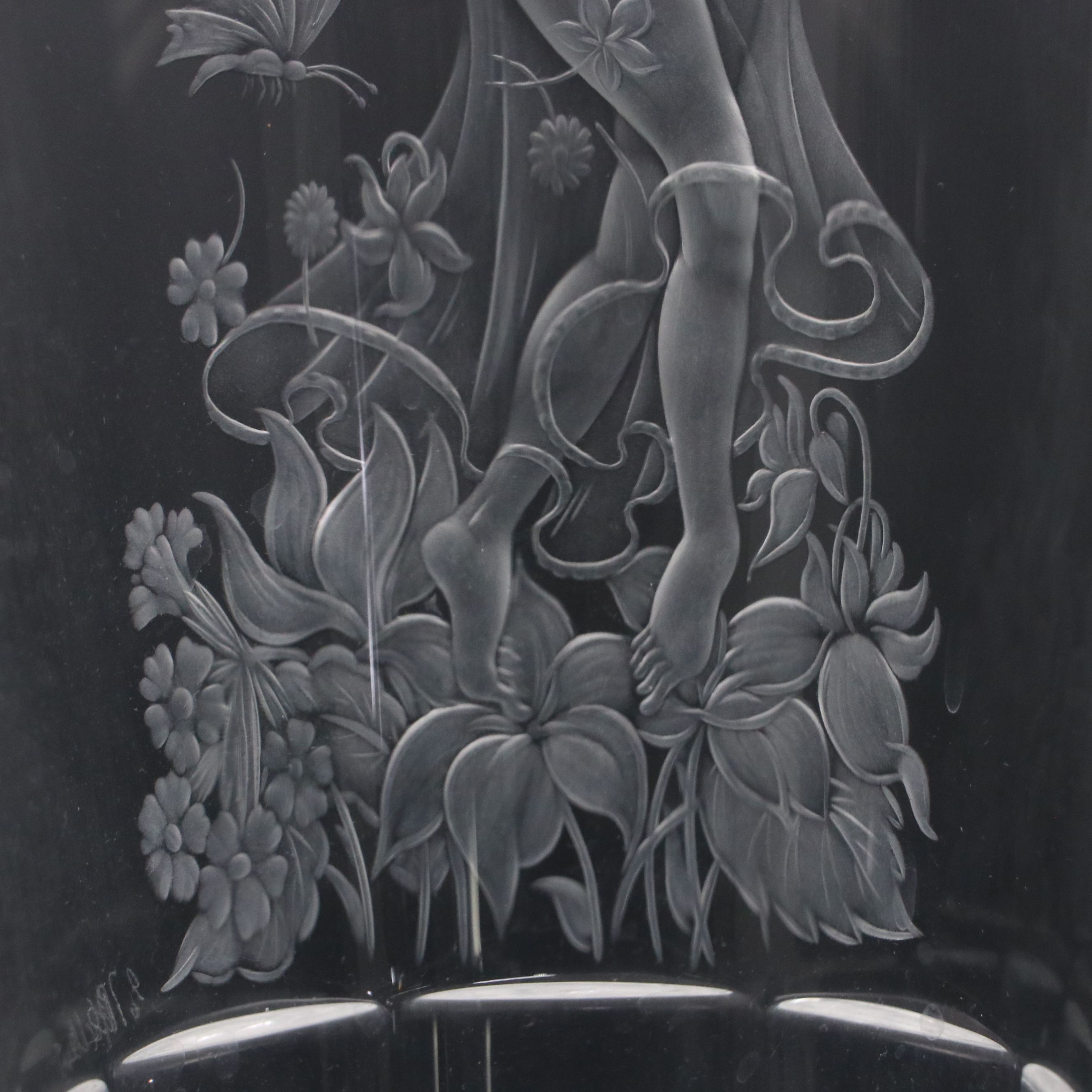 Exbor Hand-Engraved Figural Czech Crystal Vase, Late 20th Century