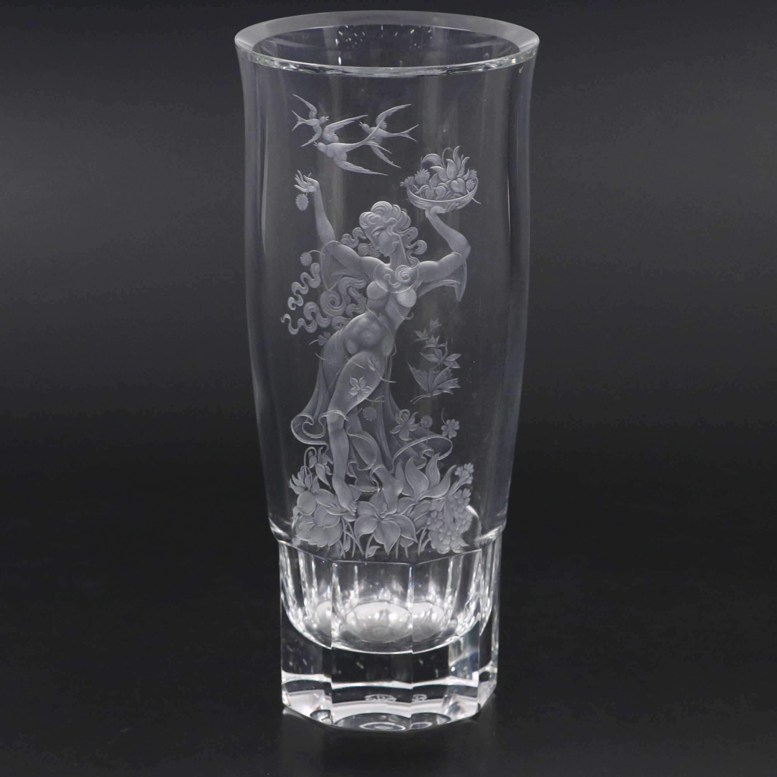 Exbor Hand-Engraved Figural Czech Crystal Vase, Late 20th Century