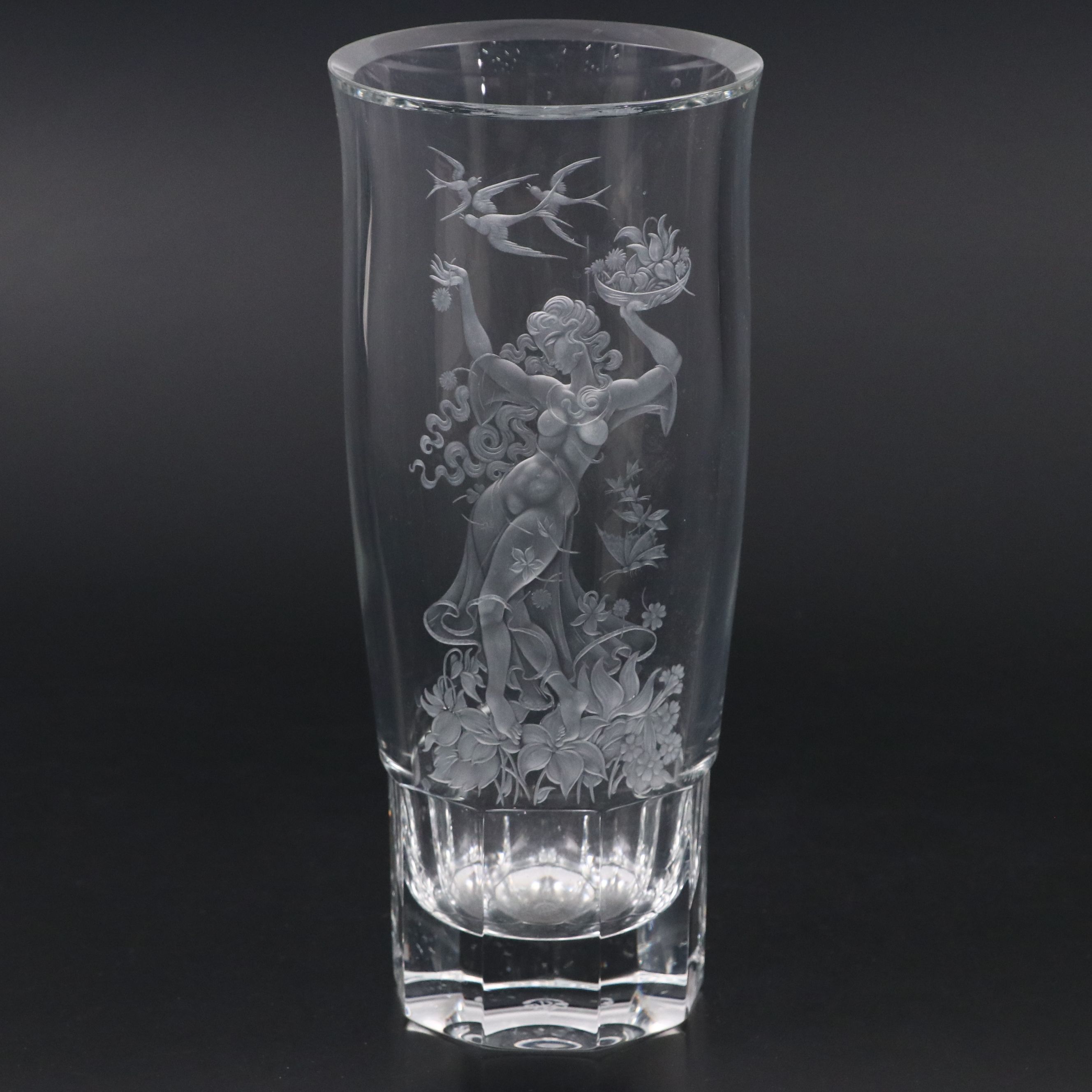 Exbor Hand-Engraved Figural Czech Crystal Vase, Late 20th Century