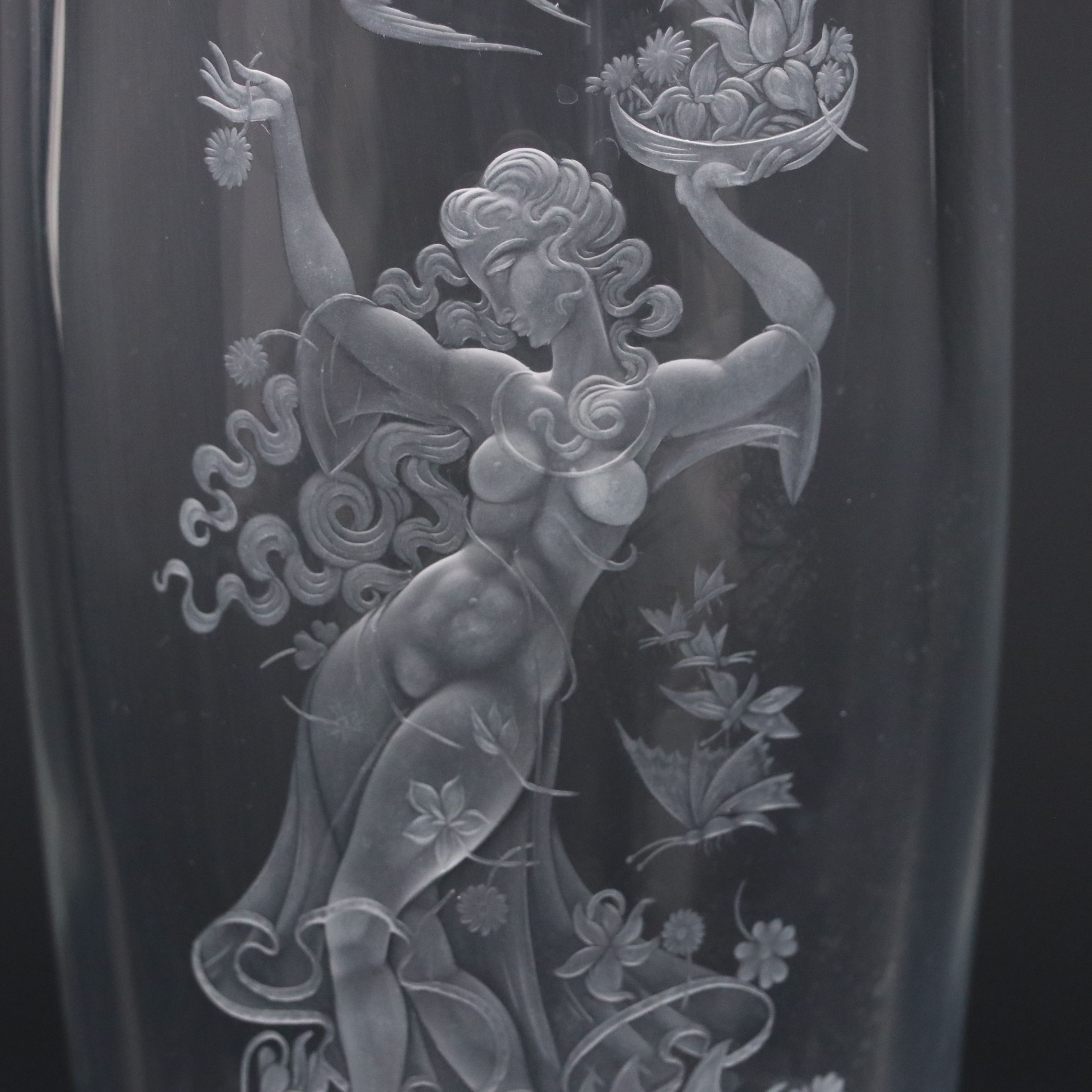 Exbor Hand-Engraved Figural Czech Crystal Vase, Late 20th Century